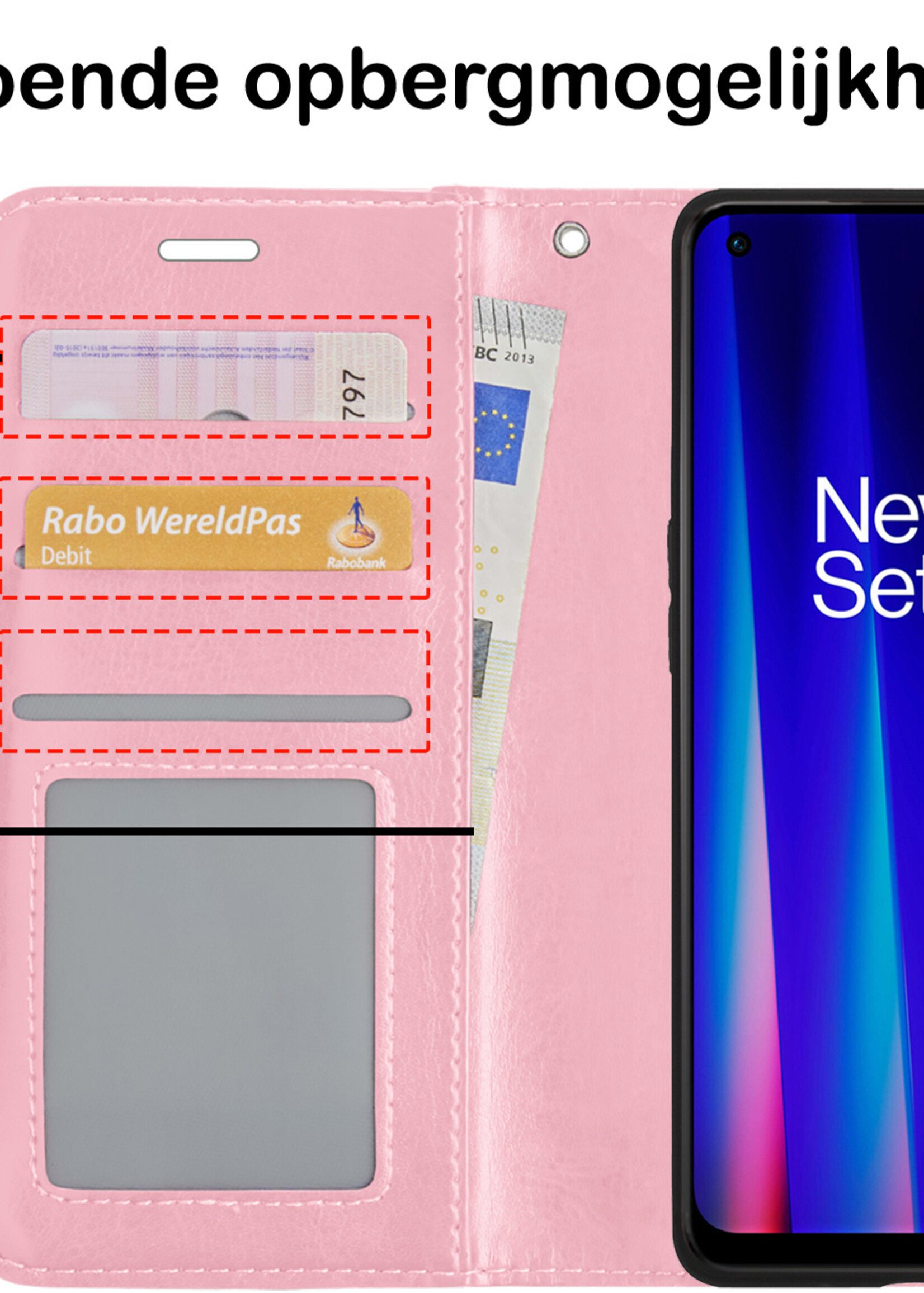 BTH Hoesje Geschikt voor OnePlus Nord CE 2 Lite Hoesje Book Case Hoes Portemonnee Cover Walletcase Met 2x Screenprotector - Hoes Geschikt voor OnePlus Nord CE 2 Lite Hoes Bookcase Hoesje - Lichtroze