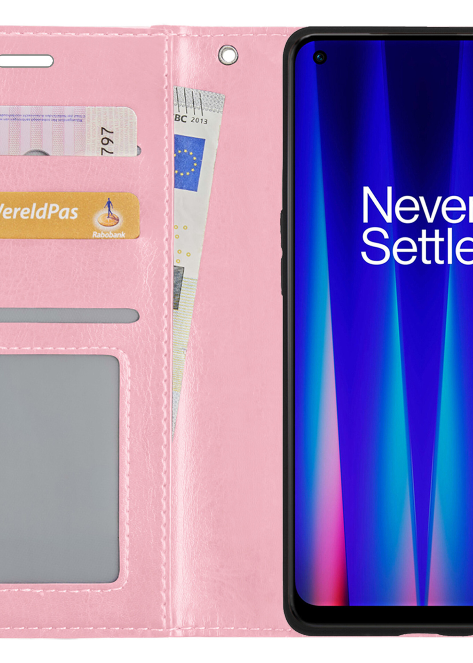 BTH Hoesje Geschikt voor OnePlus Nord CE 2 Lite Hoesje Book Case Hoes Portemonnee Cover Walletcase Met 2x Screenprotector - Hoes Geschikt voor OnePlus Nord CE 2 Lite Hoes Bookcase Hoesje - Lichtroze