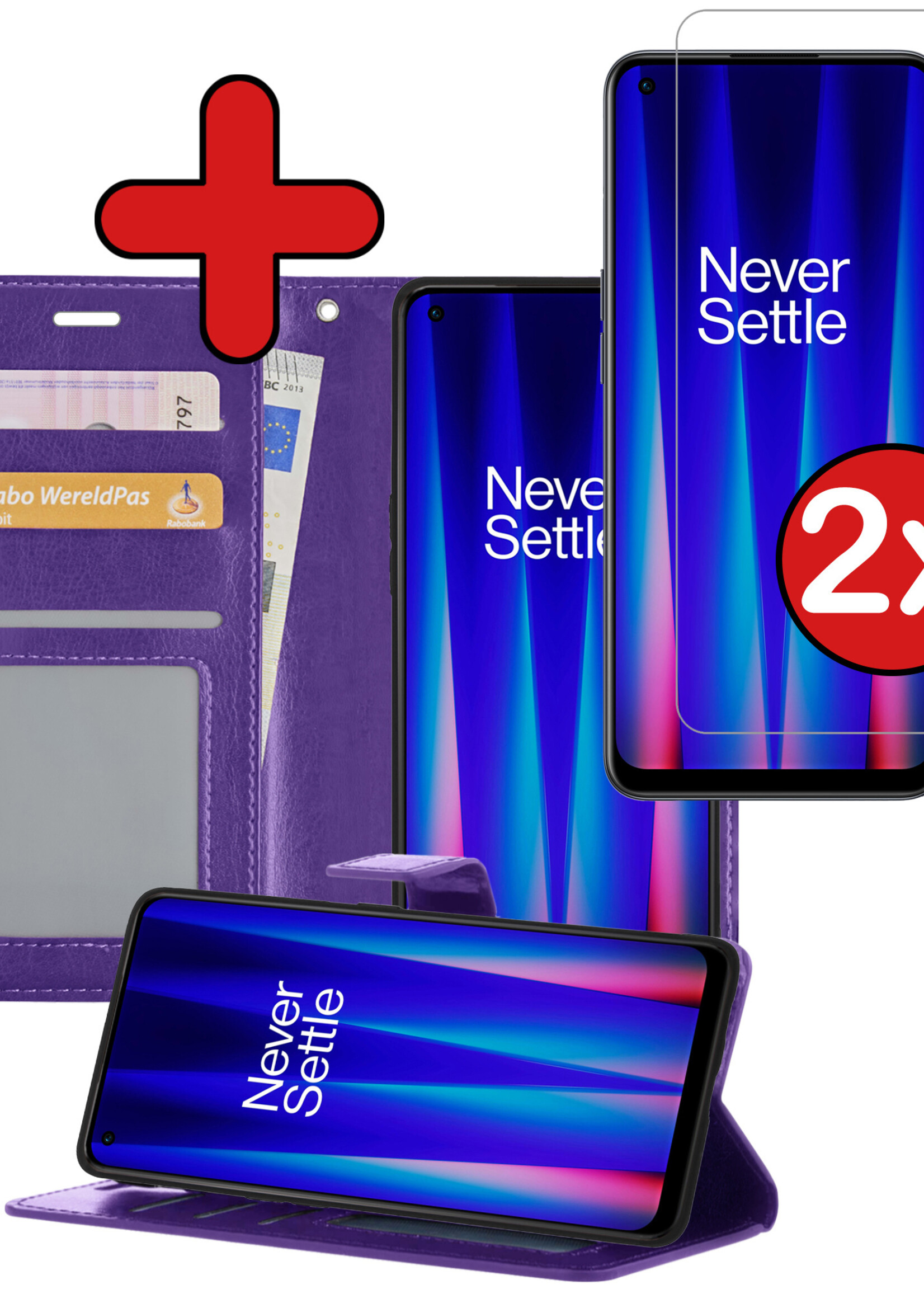BTH Hoesje Geschikt voor OnePlus Nord CE 2 Lite Hoesje Book Case Hoes Portemonnee Cover Walletcase Met 2x Screenprotector - Hoes Geschikt voor OnePlus Nord CE 2 Lite Hoes Bookcase Hoesje - Paars
