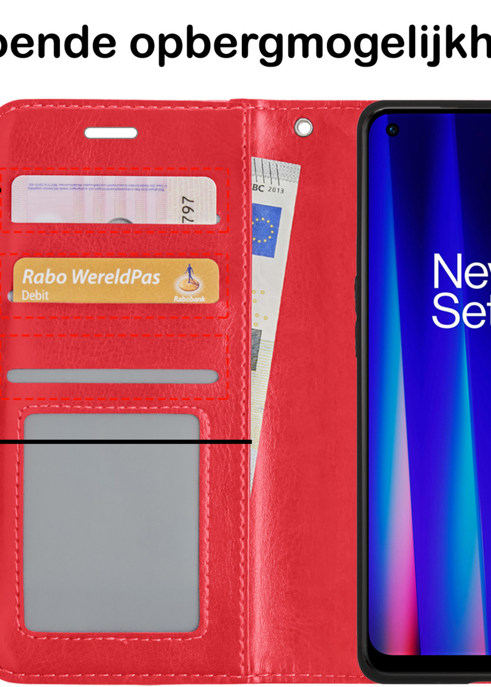 BTH Hoesje Geschikt voor OnePlus Nord CE 2 Lite Hoesje Book Case Hoes Portemonnee Cover Walletcase Met 2x Screenprotector - Hoes Geschikt voor OnePlus Nord CE 2 Lite Hoes Bookcase Hoesje - Rood