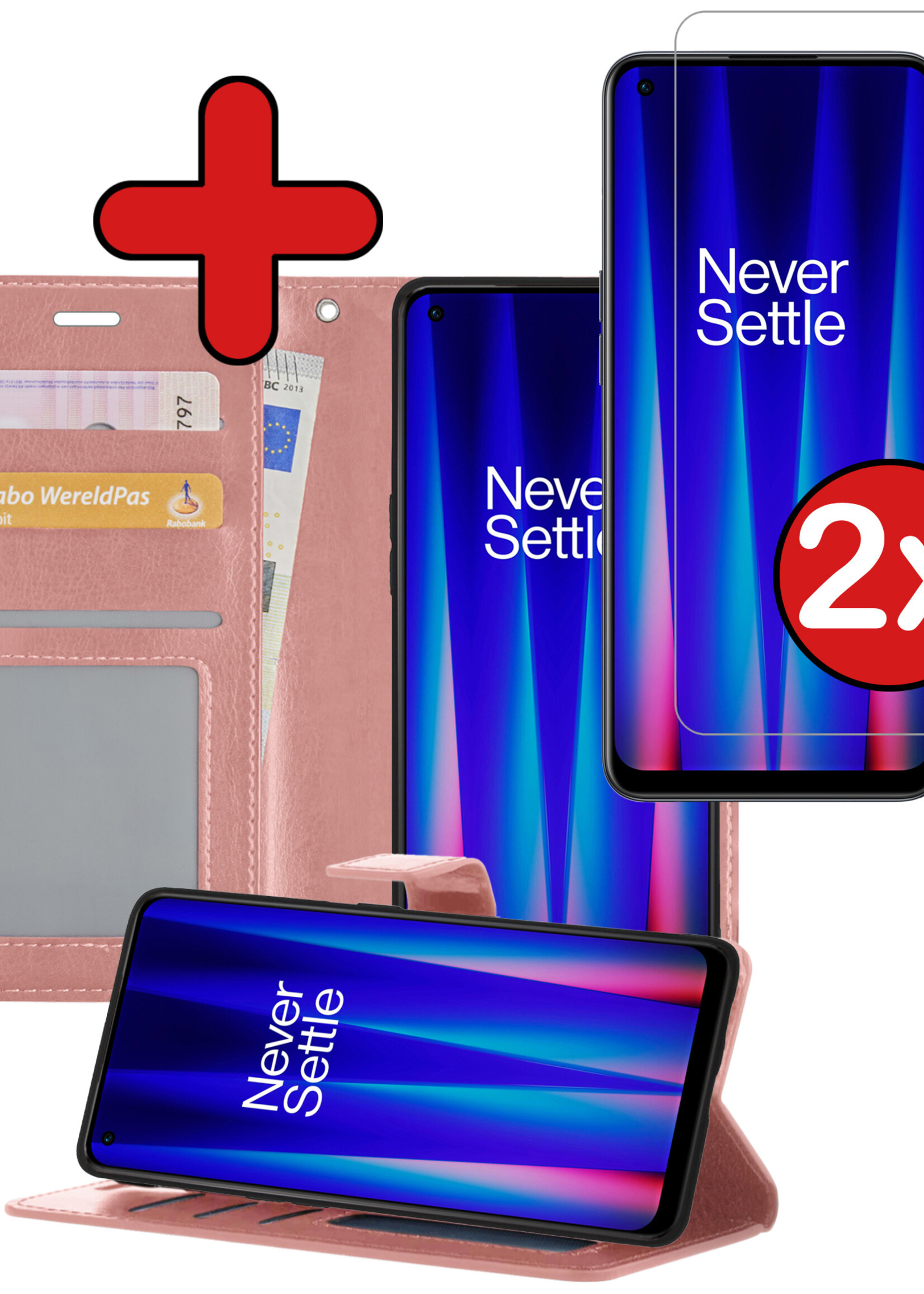 BTH Hoesje Geschikt voor OnePlus Nord CE 2 Lite Hoesje Book Case Hoes Portemonnee Cover Walletcase Met 2x Screenprotector - Hoes Geschikt voor OnePlus Nord CE 2 Lite Hoes Bookcase Hoesje - Rosé goud