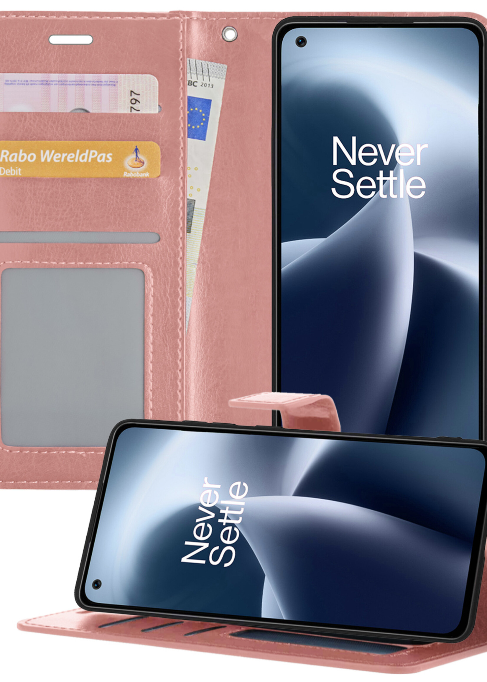 BTH OnePlus Nord 2T Hoesje Book Case Hoes Portemonnee Cover Walletcase - OnePlus Nord 2T Hoes Bookcase Hoesje - Rose Goud