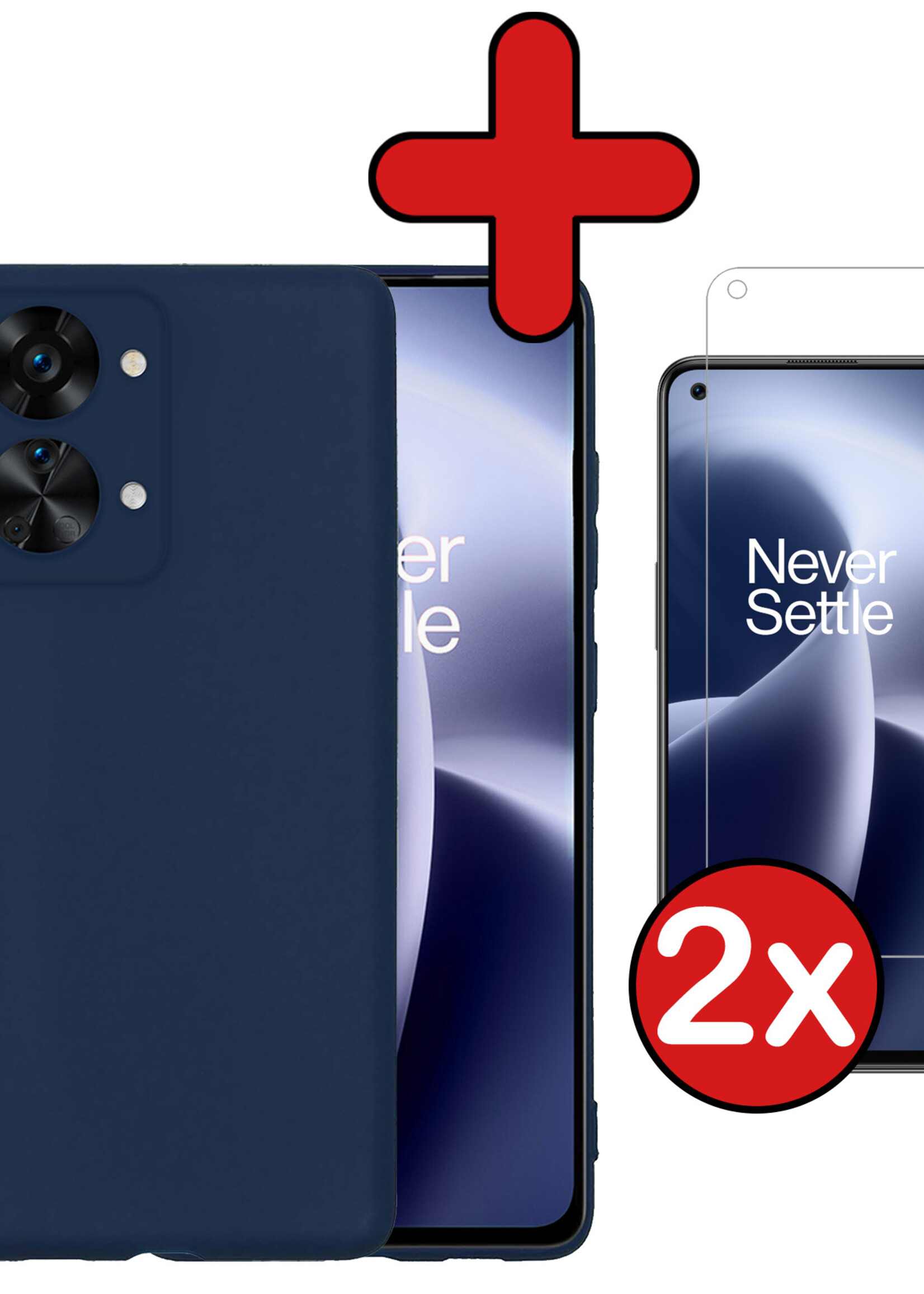 BTH Hoesje Geschikt voor OnePlus Nord 2T Hoesje Siliconen Case Hoes Met 2x Screenprotector - Hoes Geschikt voor OnePlus Nord 2T Hoes Cover Case - Donkerblauw