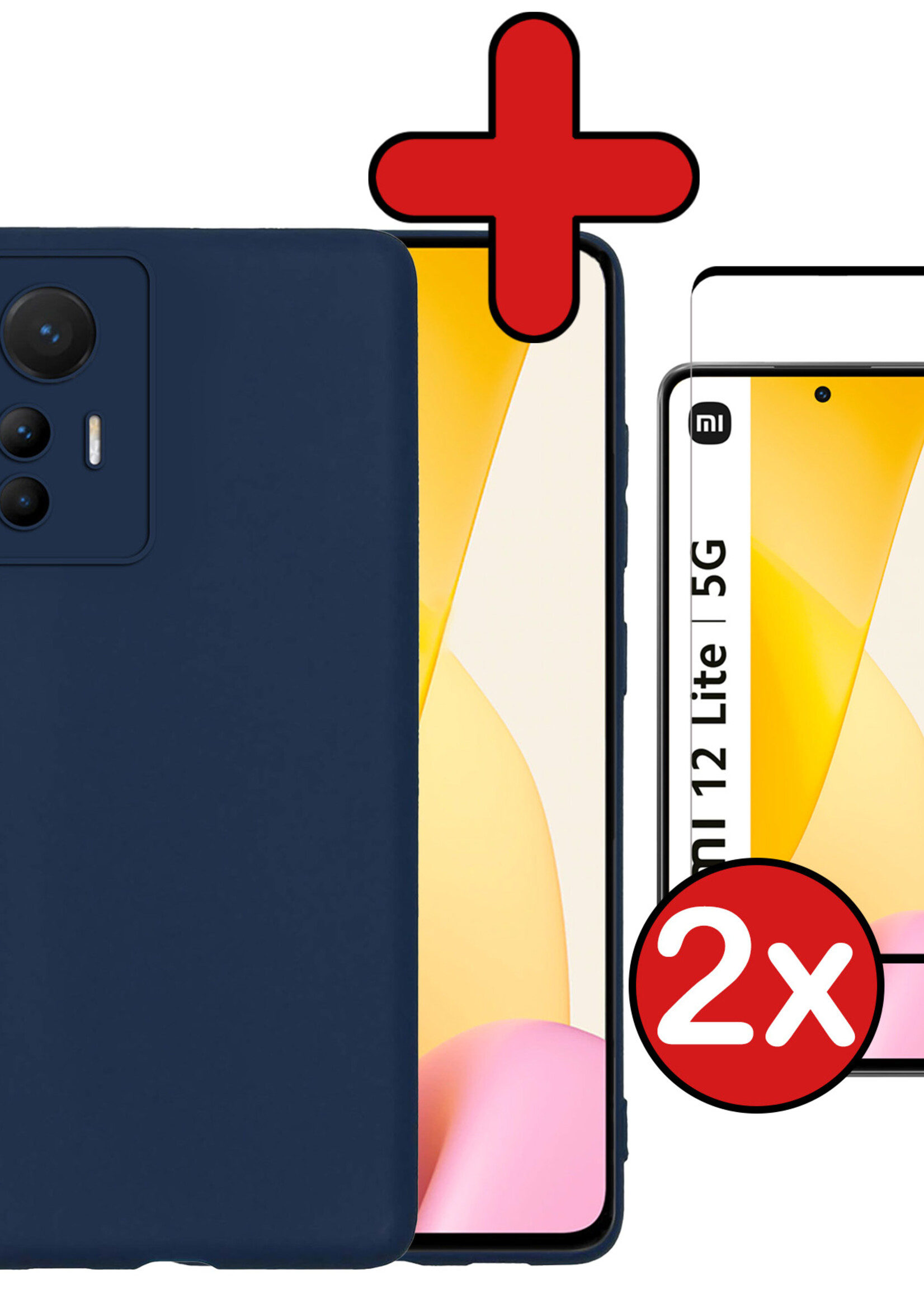 BTH Hoesje Geschikt voor Xiaomi 12 Lite Hoesje Siliconen Case Hoes Met 2x Screenprotector - Hoes Geschikt voor Xiaomi 12 Lite Hoes Cover Case - Donkerblauw