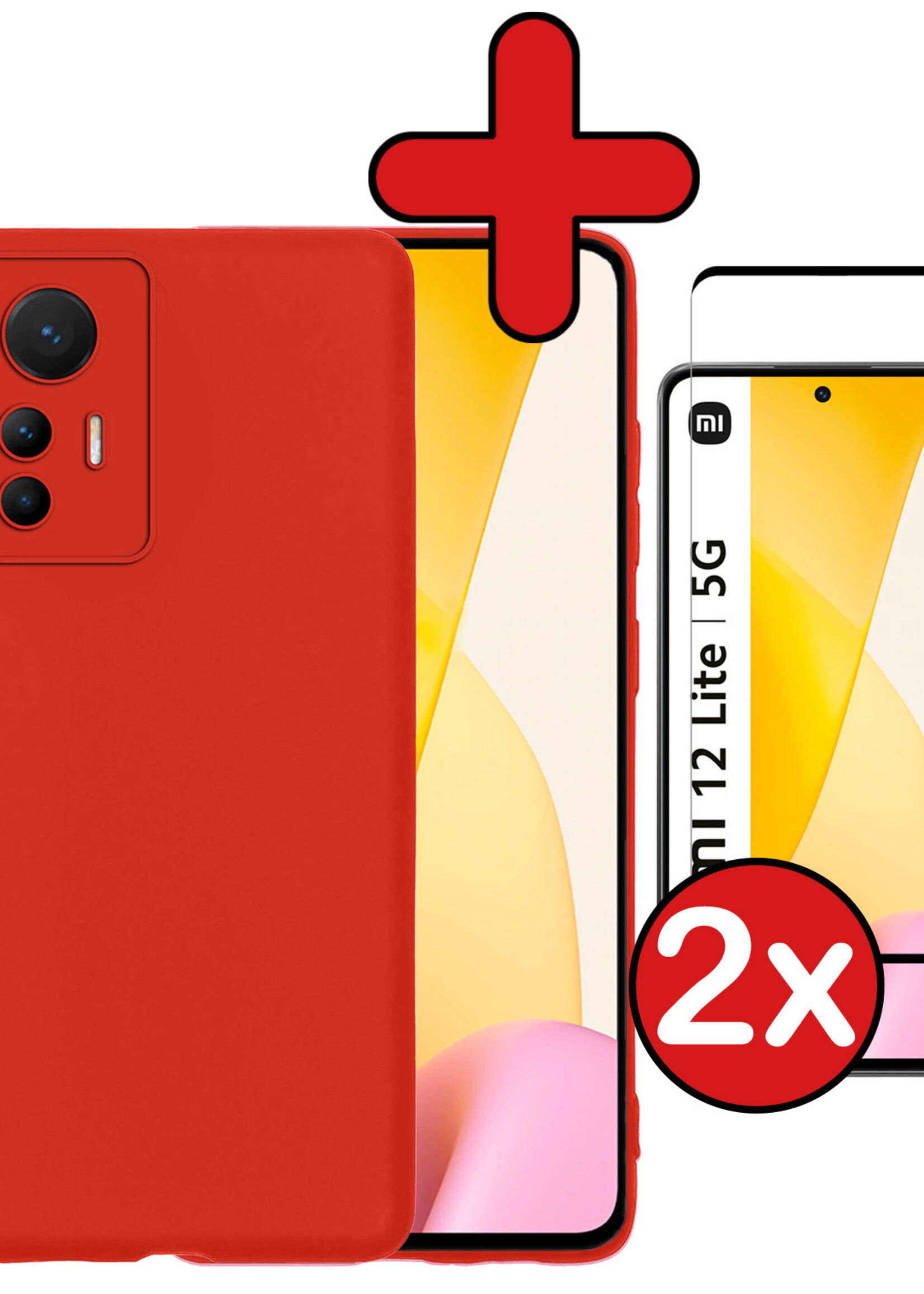 BTH Hoesje Geschikt voor Xiaomi 12 Lite Hoesje Siliconen Case Hoes Met 2x Screenprotector - Hoes Geschikt voor Xiaomi 12 Lite Hoes Cover Case - Rood