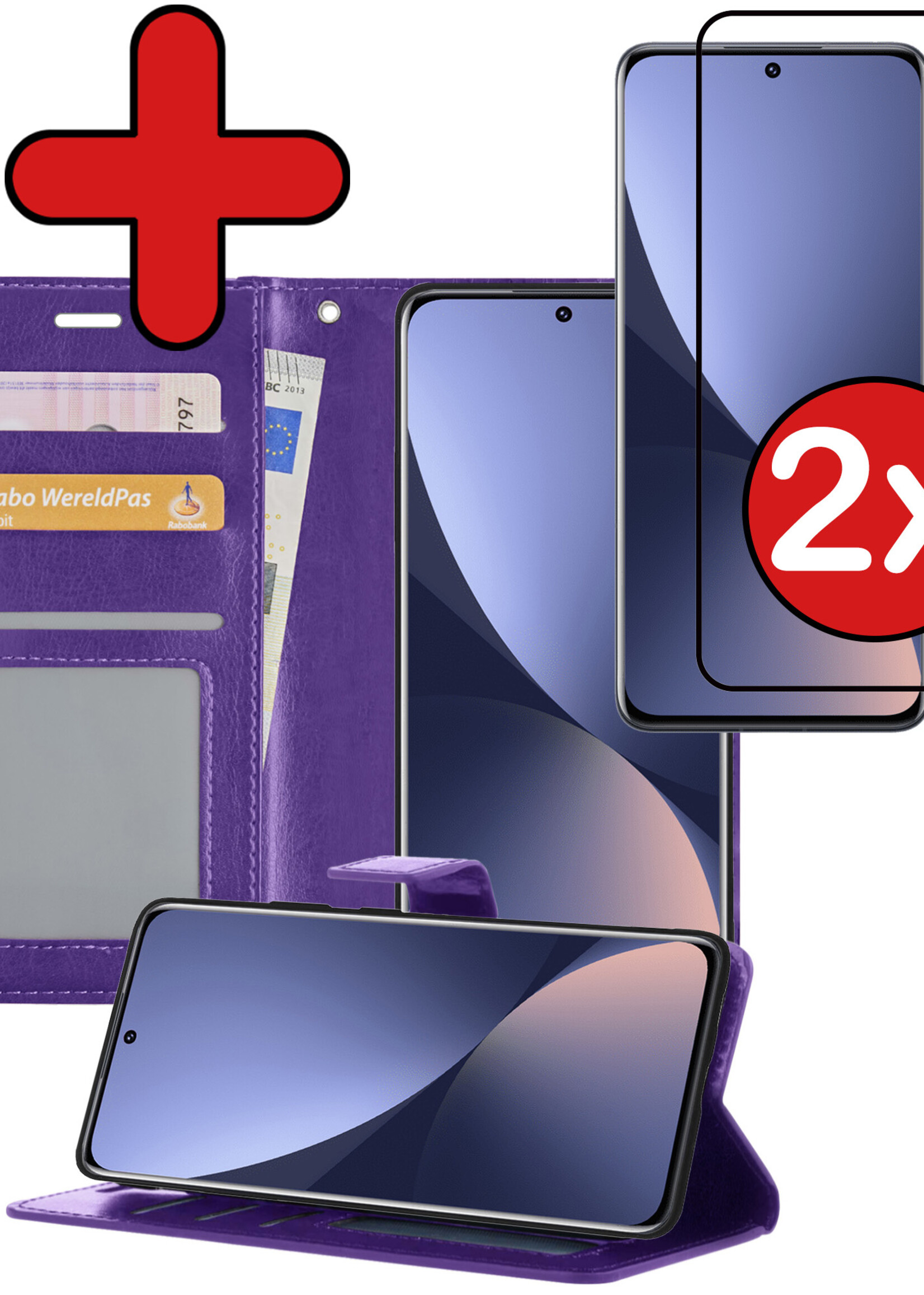 BTH Hoesje Geschikt voor Xiaomi 12 Hoesje Book Case Hoes Portemonnee Cover Walletcase Met 2x Screenprotector - Hoes Geschikt voor Xiaomi 12 Hoes Bookcase Hoesje - Paars