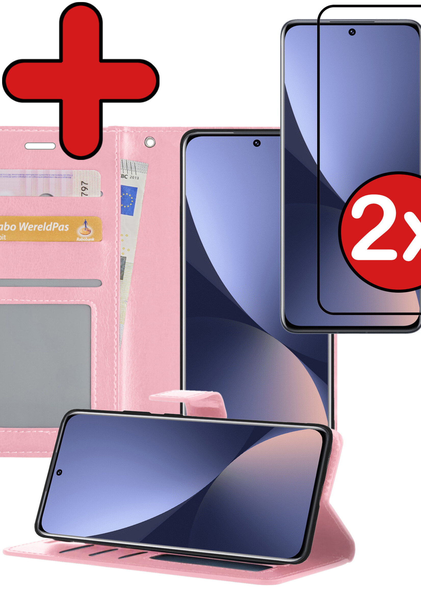 BTH Hoesje Geschikt voor Xiaomi 12 Hoesje Book Case Hoes Portemonnee Cover Walletcase Met 2x Screenprotector - Hoes Geschikt voor Xiaomi 12 Hoes Bookcase Hoesje - Lichtroze