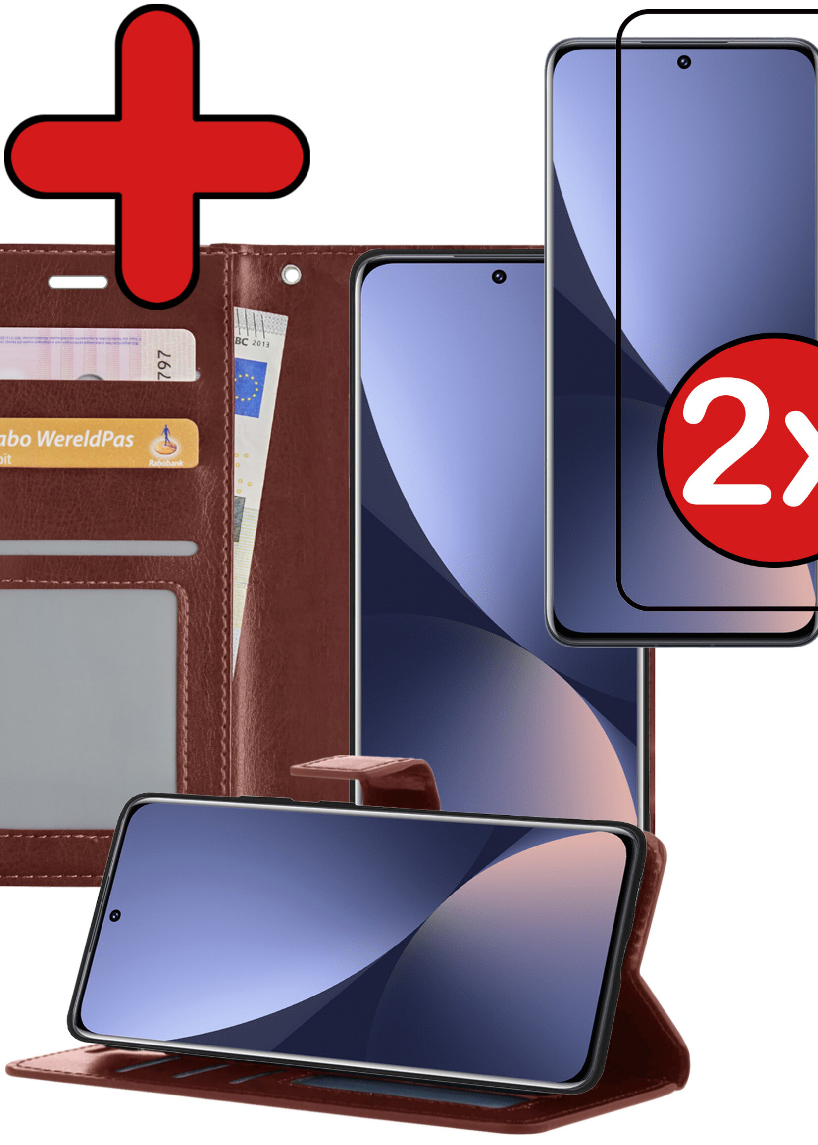 BTH Hoesje Geschikt voor Xiaomi 12 Hoesje Book Case Hoes Portemonnee Cover Walletcase Met 2x Screenprotector - Hoes Geschikt voor Xiaomi 12 Hoes Bookcase Hoesje - Bruin