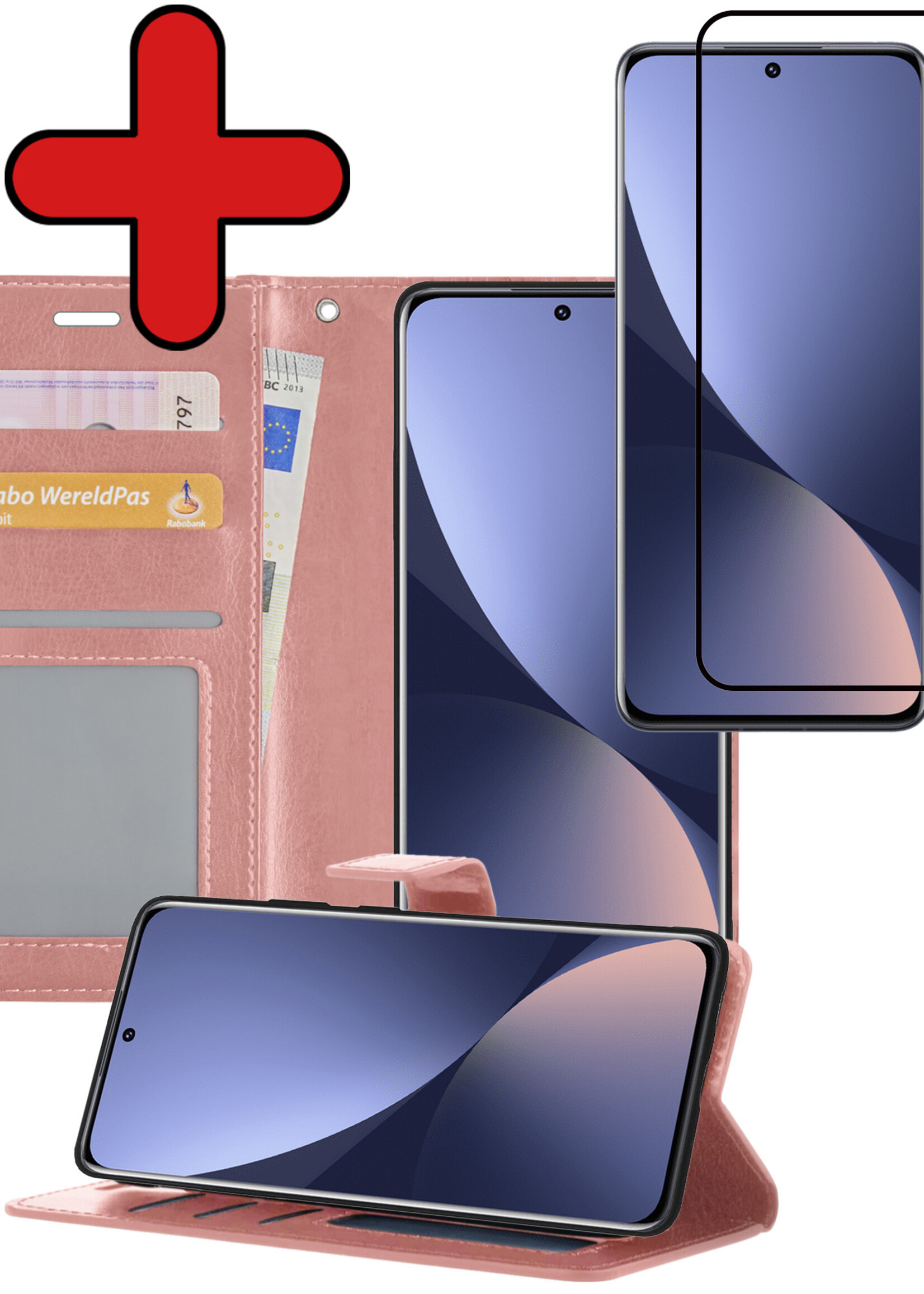 BTH Hoesje Geschikt voor Xiaomi 12 Hoesje Book Case Hoes Portemonnee Cover Walletcase Met Screenprotector - Hoes Geschikt voor Xiaomi 12 Hoes Bookcase Hoesje - Rosé goud