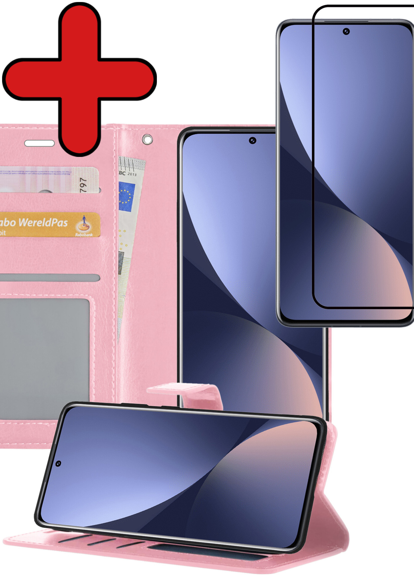 BTH Hoesje Geschikt voor Xiaomi 12 Hoesje Book Case Hoes Portemonnee Cover Walletcase Met Screenprotector - Hoes Geschikt voor Xiaomi 12 Hoes Bookcase Hoesje - Lichtroze