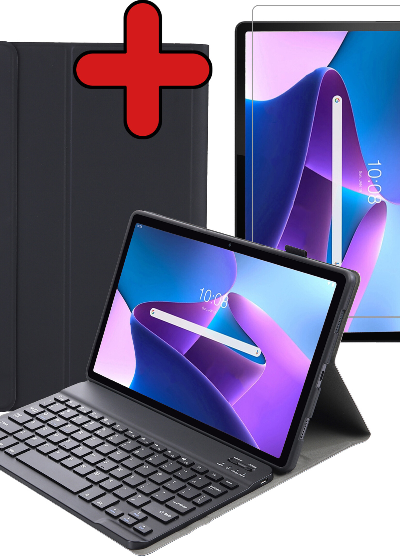 BTH Hoes Geschikt voor Lenovo Tab M10 Plus 3rd Gen Hoes Toetsenbord Hoesje Keyboard Case Cover Met Screenprotector - Hoesje Geschikt voor Lenovo Tab M10 Plus (3e Gen) Hoes Toetsenbord Case - Zwart