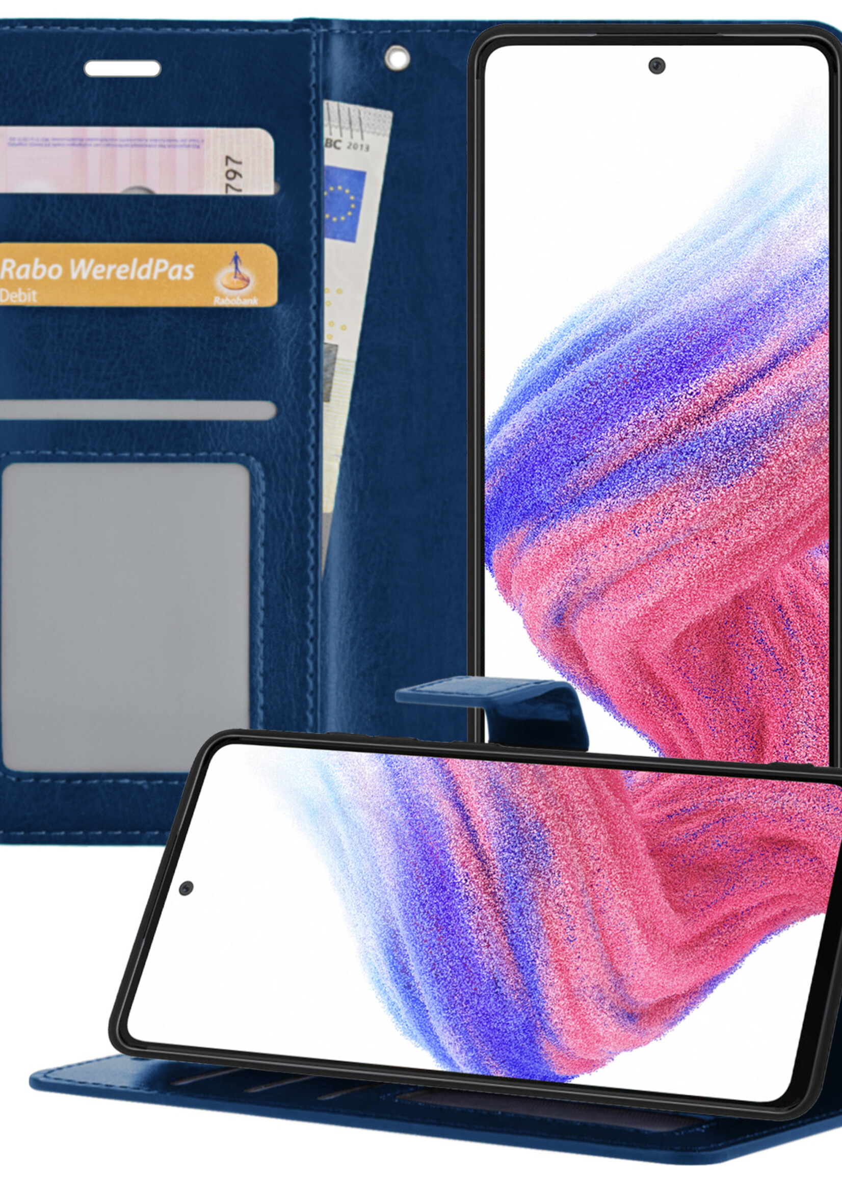 BTH Samsung A53 Hoesje Book Case Hoes Portemonnee Cover Walletcase - Samsung A53 Hoes Bookcase Hoesje - Donkerblauw