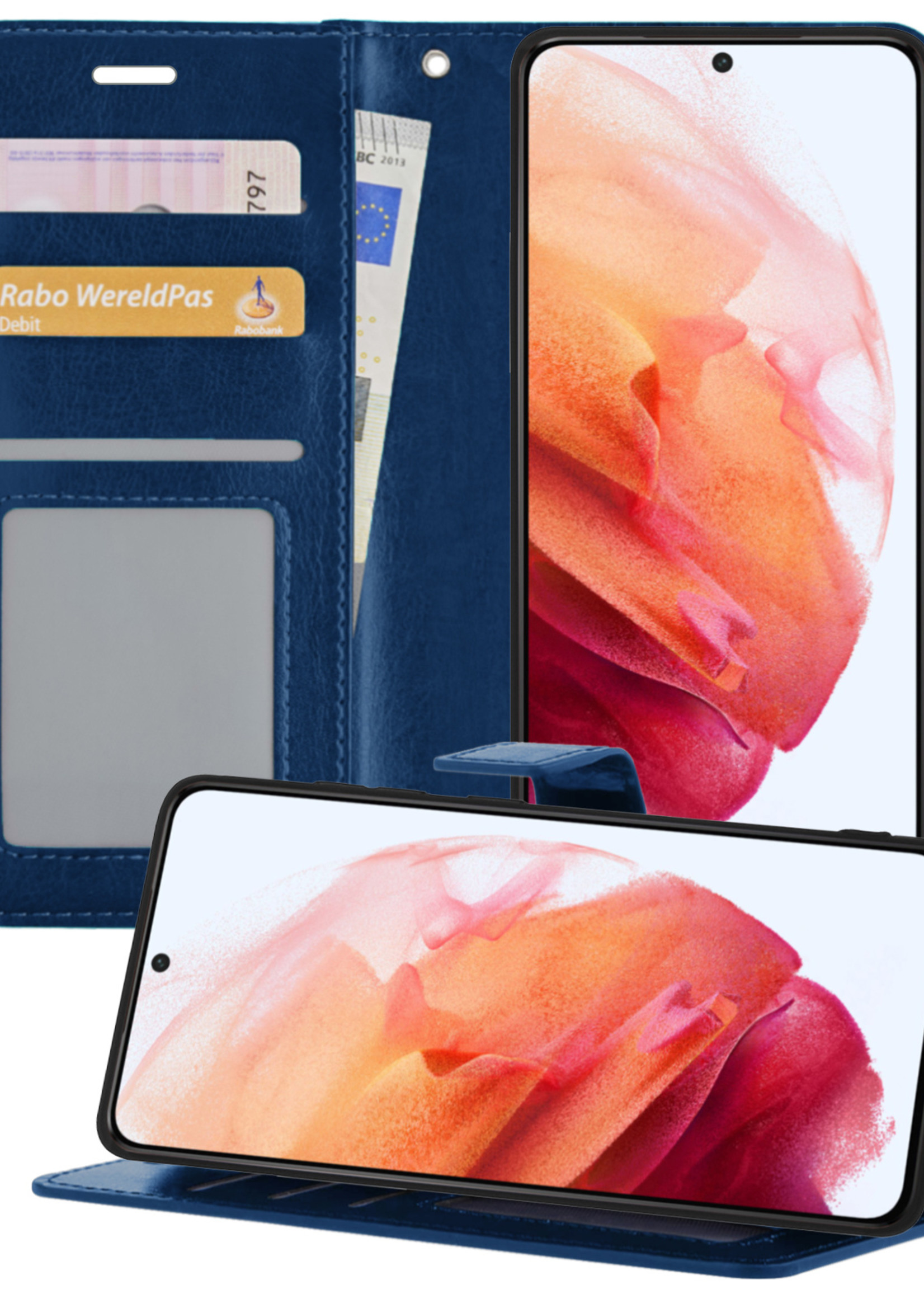 BTH Samsung S21 Hoesje Book Case Hoes Portemonnee Cover Walletcase - Samsung S21 Hoes Bookcase Hoesje - Donkerblauw