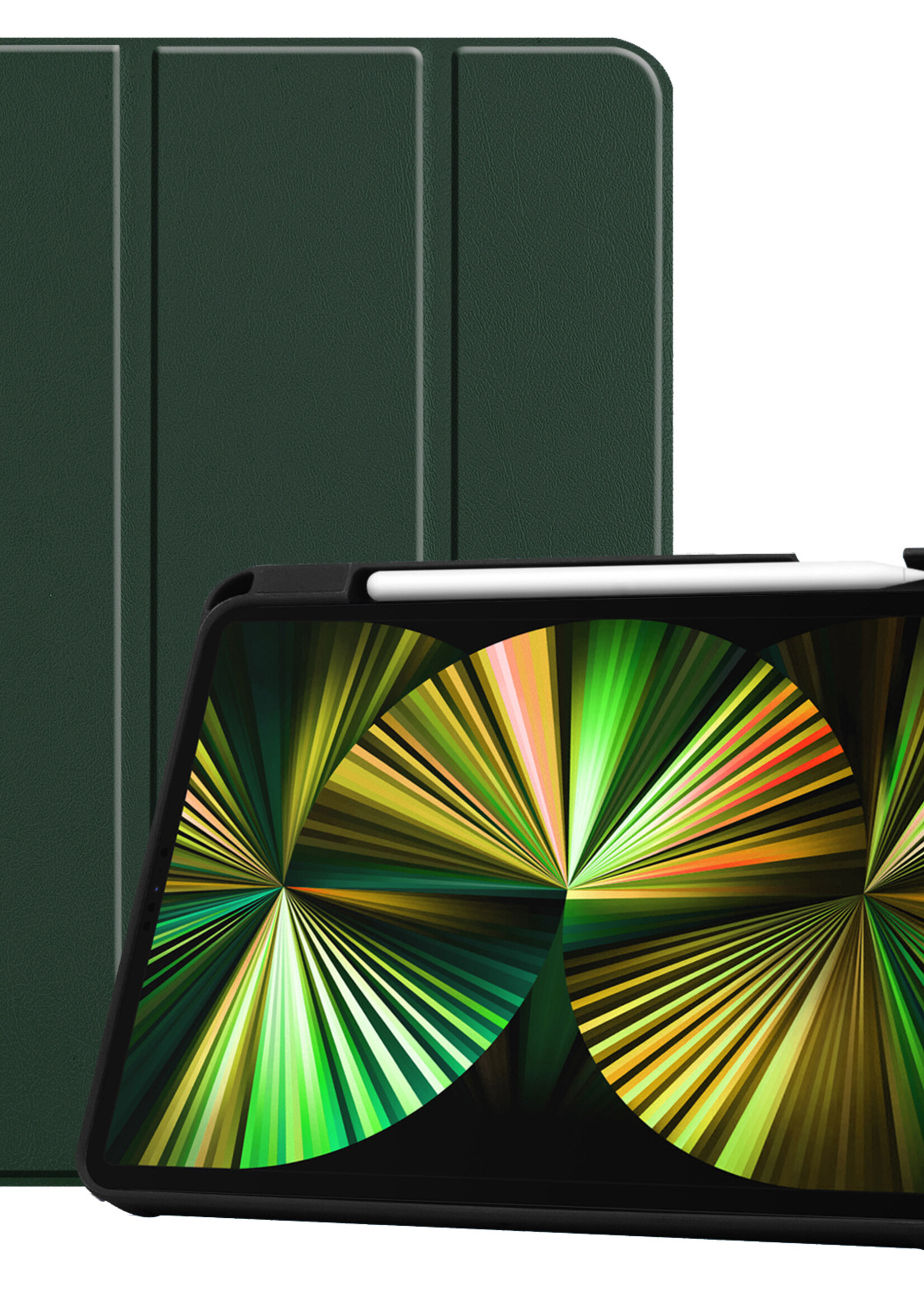 BTH Hoes Geschikt voor iPad Pro 2021 (12,9 inch) Hoes Book Case Hoesje Trifold Cover Met Uitsparing Geschikt voor Apple Pencil - Hoesje Geschikt voor iPad Pro 12,9 inch (2021) Hoesje Bookcase - Groen