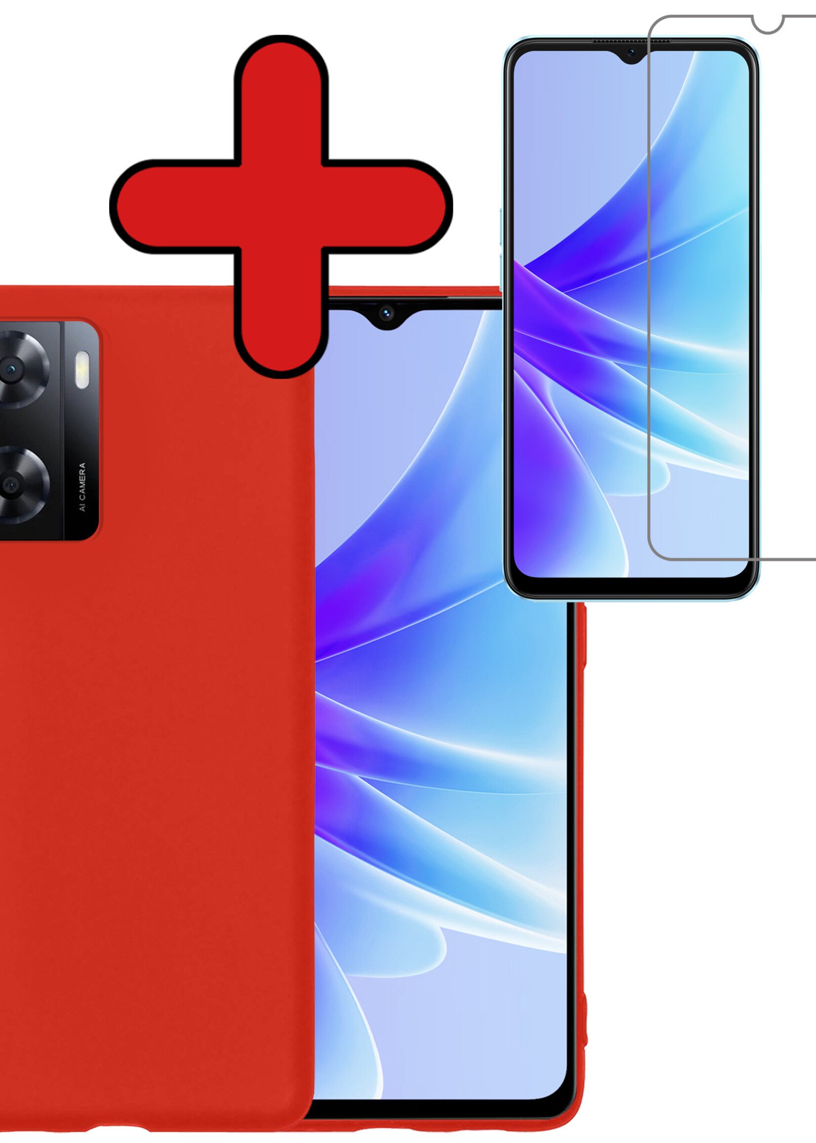 BTH Hoesje Geschikt voor OPPO A57 Hoesje Siliconen Case Hoes Met Screenprotector - Hoes Geschikt voor OPPO A57 Hoes Cover Case - Rood