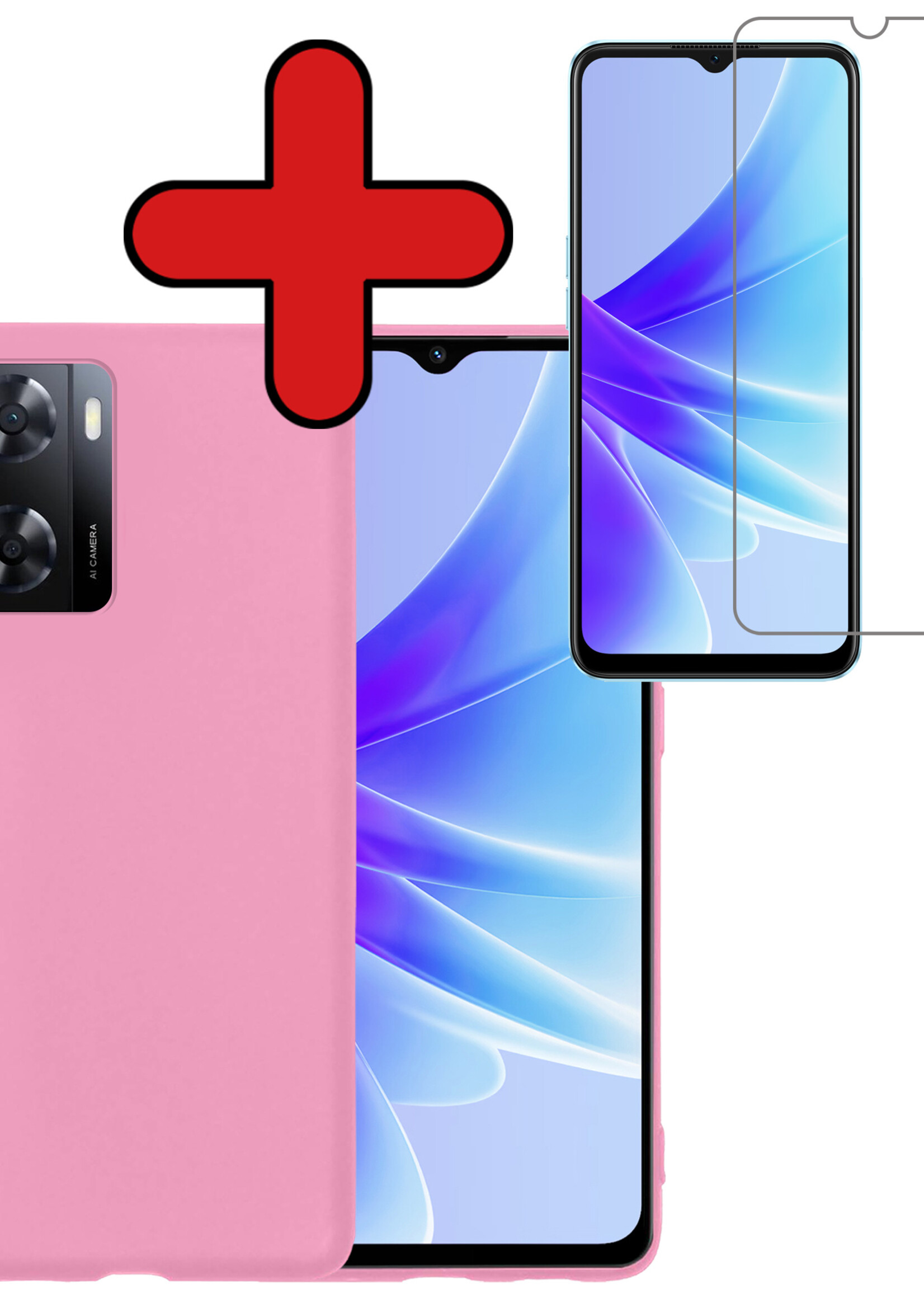 BTH Hoesje Geschikt voor OPPO A57 Hoesje Siliconen Case Hoes Met Screenprotector - Hoes Geschikt voor OPPO A57 Hoes Cover Case - Lichtroze