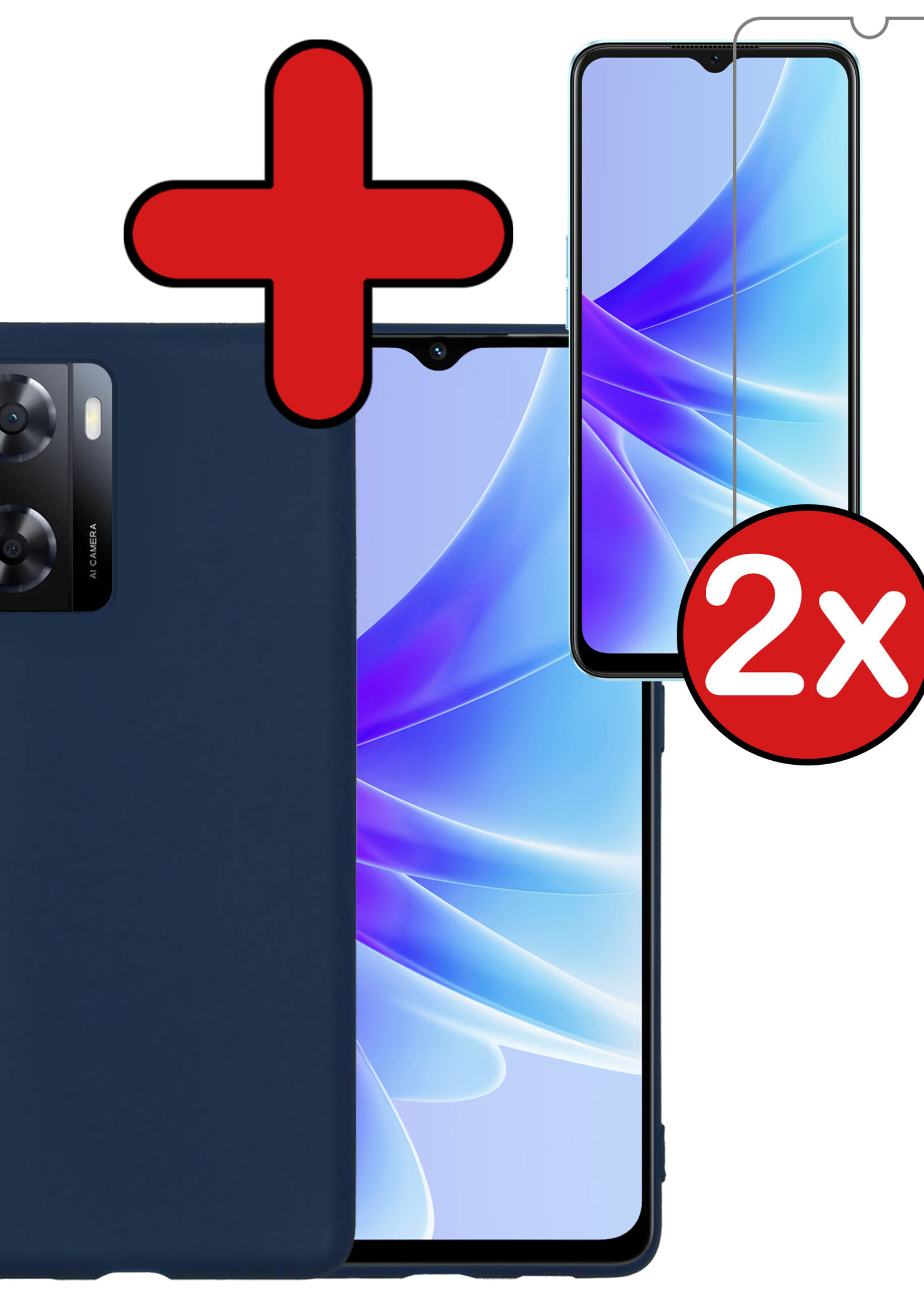 BTH Hoesje Geschikt voor OPPO A57s Hoesje Siliconen Case Hoes Met 2x Screenprotector - Hoes Geschikt voor OPPO A57s Hoes Cover Case - Donkerblauw