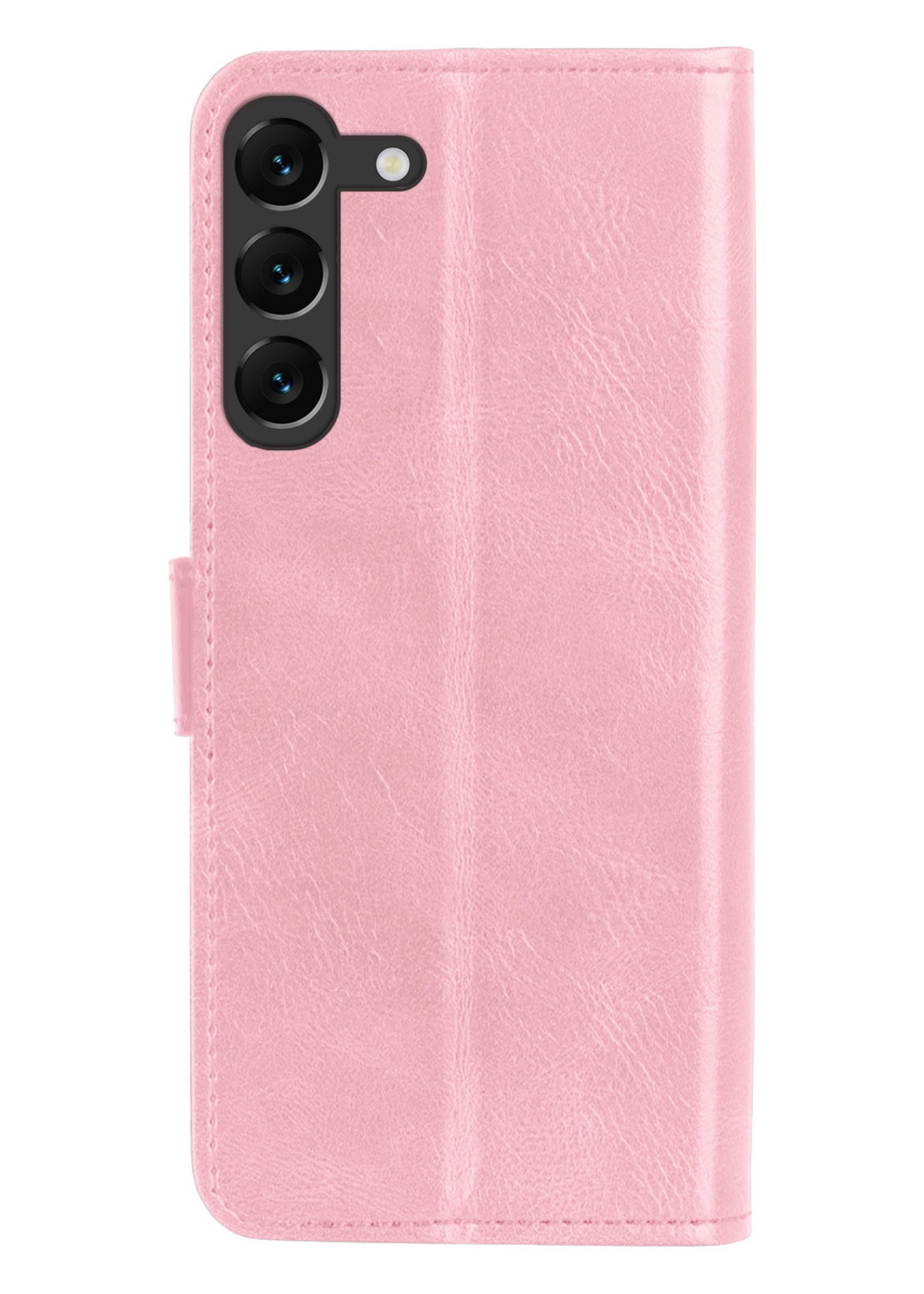 BTH Hoesje Geschikt voor Samsung S23 Hoesje Book Case Hoes Portemonnee Cover Walletcase Met Screenprotector - Hoes Geschikt voor Samsung Galaxy S23 Hoes Bookcase Hoesje - Lichtroze