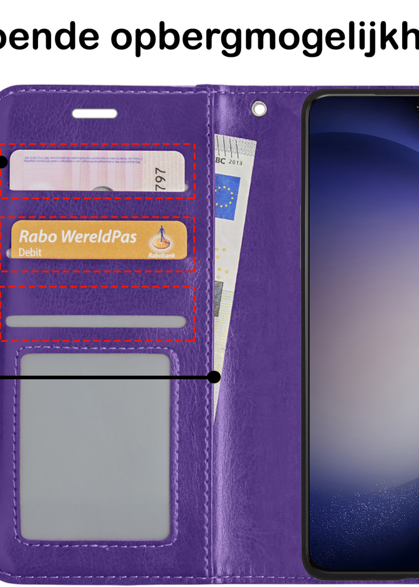 BTH Hoesje Geschikt voor Samsung S23 Hoesje Book Case Hoes Portemonnee Cover Walletcase Met Screenprotector - Hoes Geschikt voor Samsung Galaxy S23 Hoes Bookcase Hoesje - Paars
