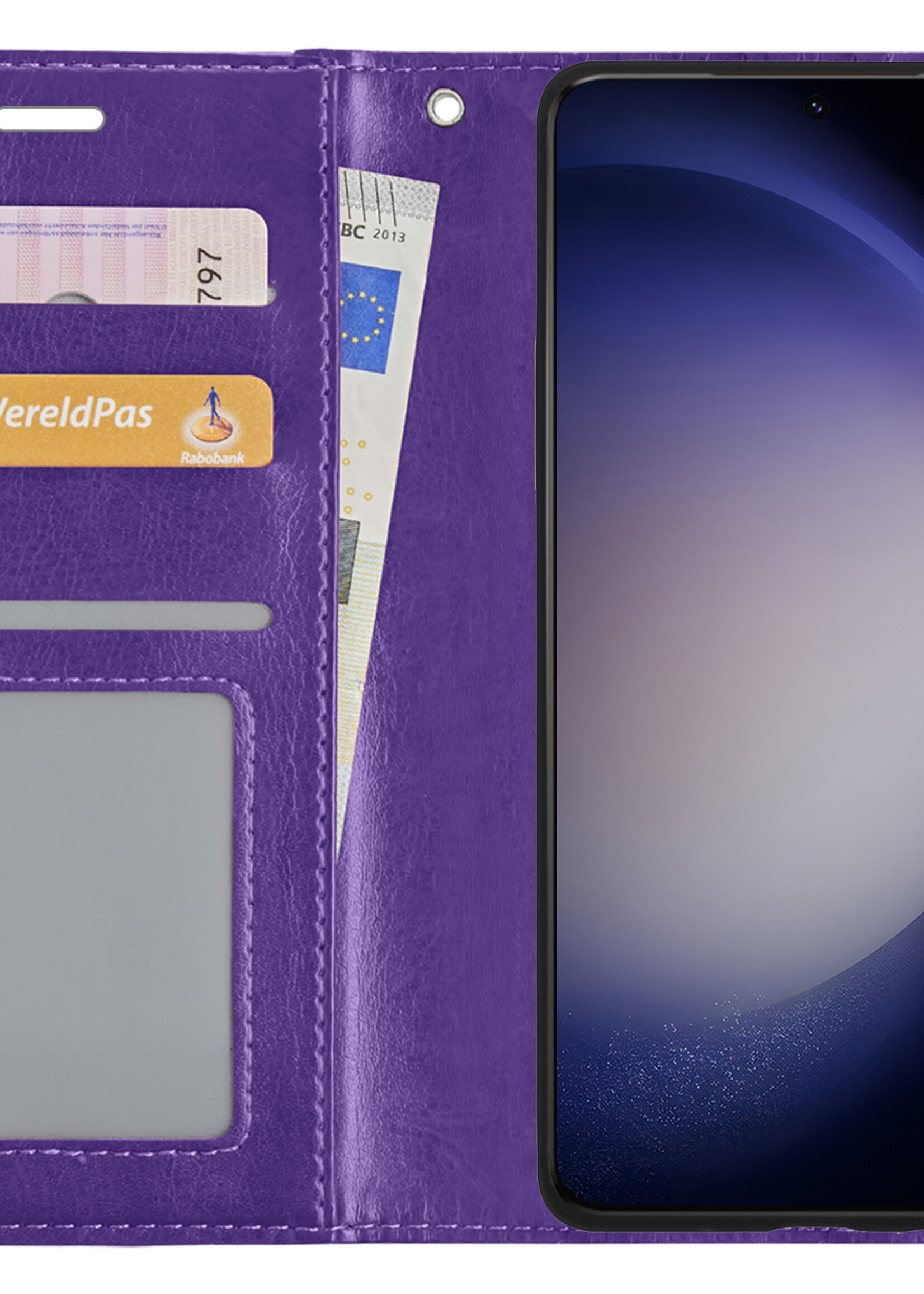 BTH Hoesje Geschikt voor Samsung S23 Hoesje Book Case Hoes Portemonnee Cover Walletcase Met Screenprotector - Hoes Geschikt voor Samsung Galaxy S23 Hoes Bookcase Hoesje - Paars
