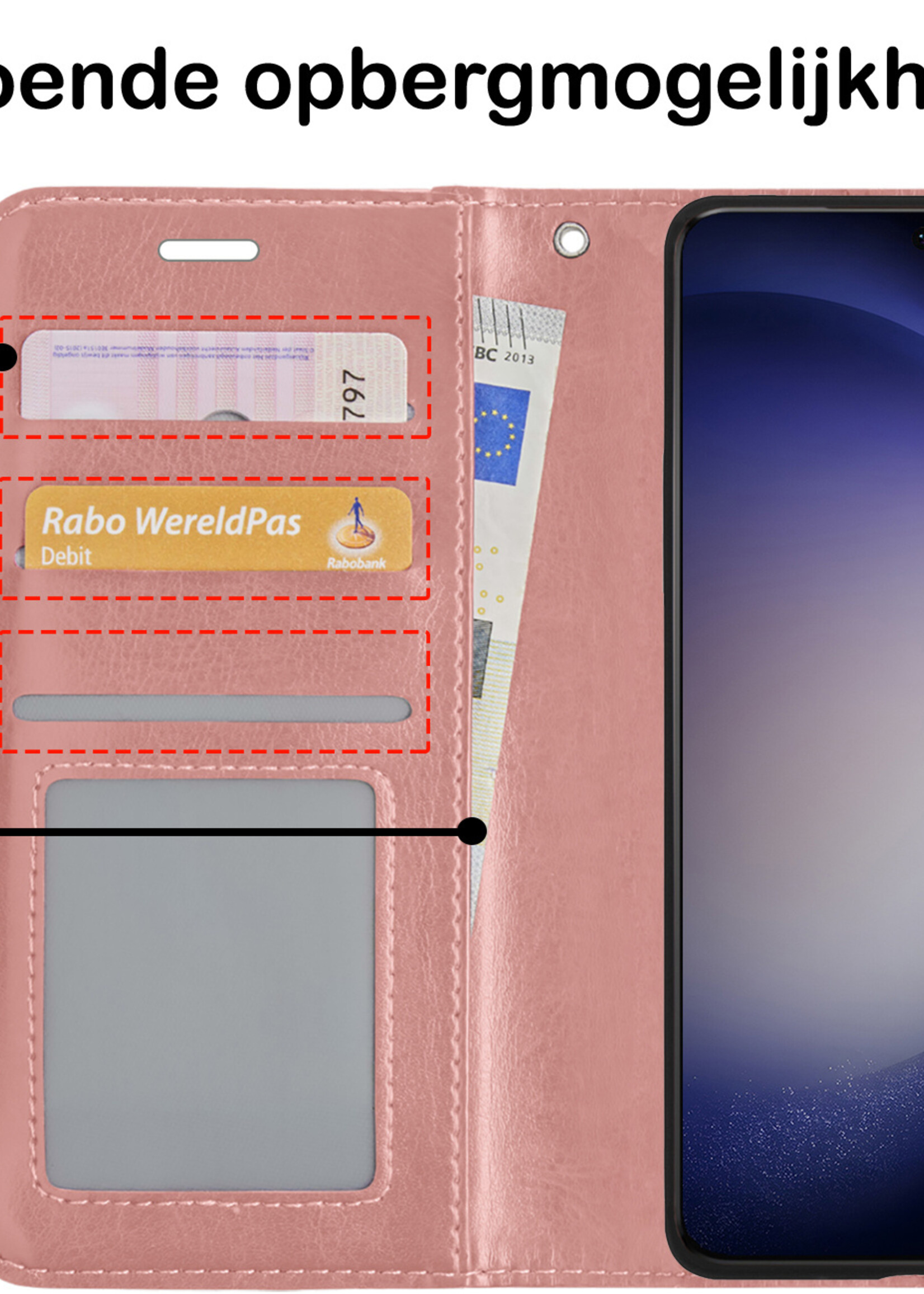 BTH Hoesje Geschikt voor Samsung S23 Hoesje Book Case Hoes Portemonnee Cover Walletcase Met Screenprotector - Hoes Geschikt voor Samsung Galaxy S23 Hoes Bookcase Hoesje - Rosé goud