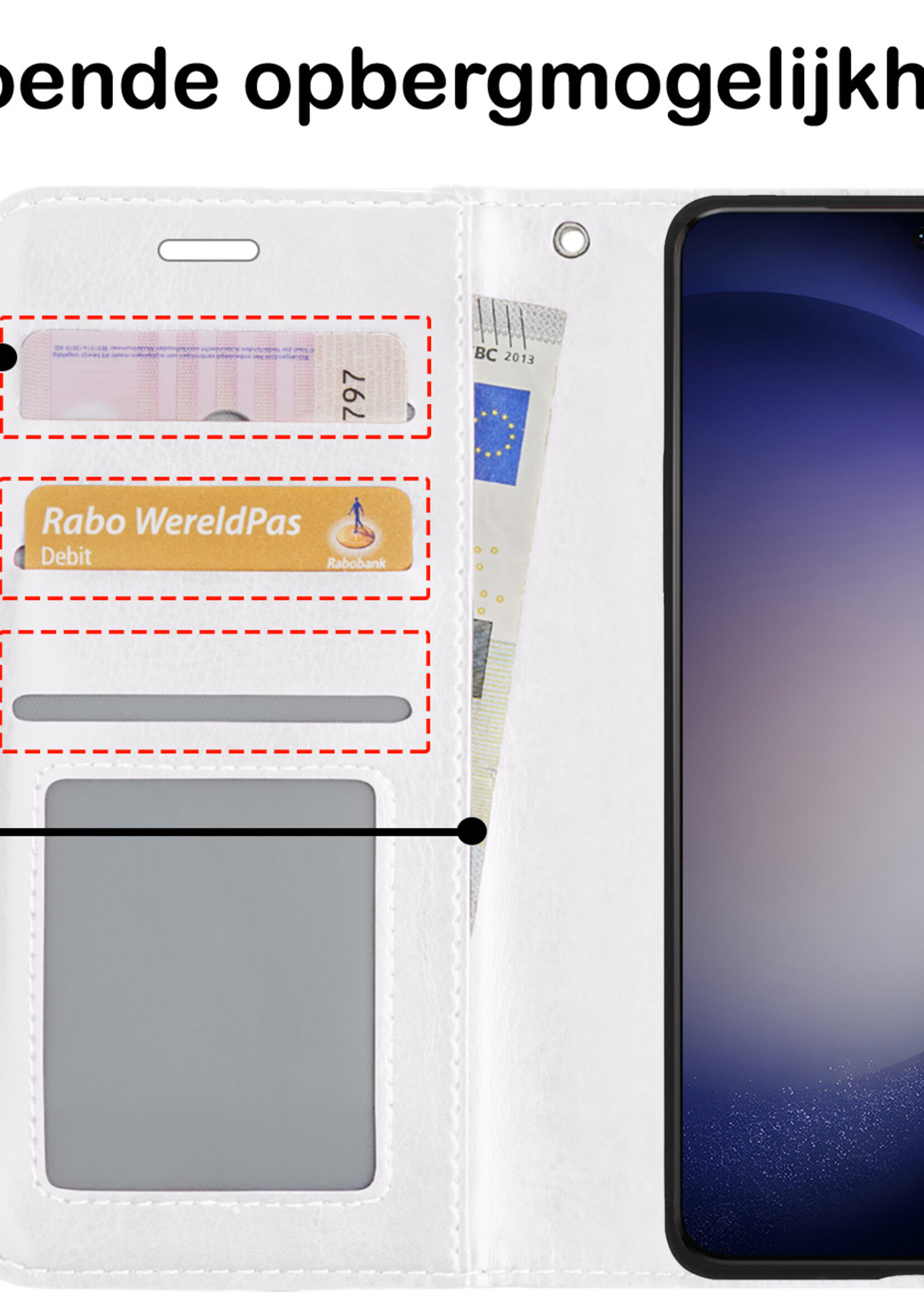 BTH Hoesje Geschikt voor Samsung S23 Hoesje Book Case Hoes Portemonnee Cover Walletcase Met Screenprotector - Hoes Geschikt voor Samsung Galaxy S23 Hoes Bookcase Hoesje - Wit