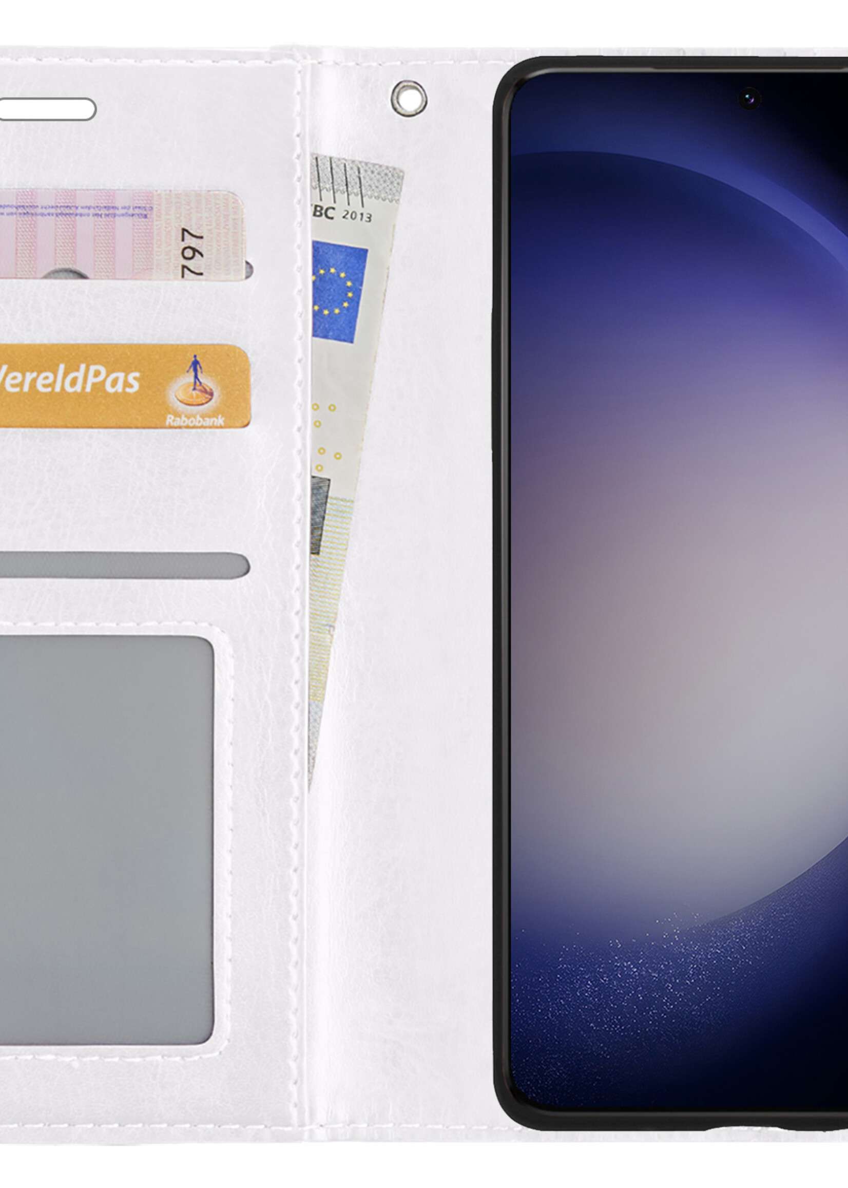 BTH Hoesje Geschikt voor Samsung S23 Hoesje Book Case Hoes Portemonnee Cover Walletcase Met Screenprotector - Hoes Geschikt voor Samsung Galaxy S23 Hoes Bookcase Hoesje - Wit