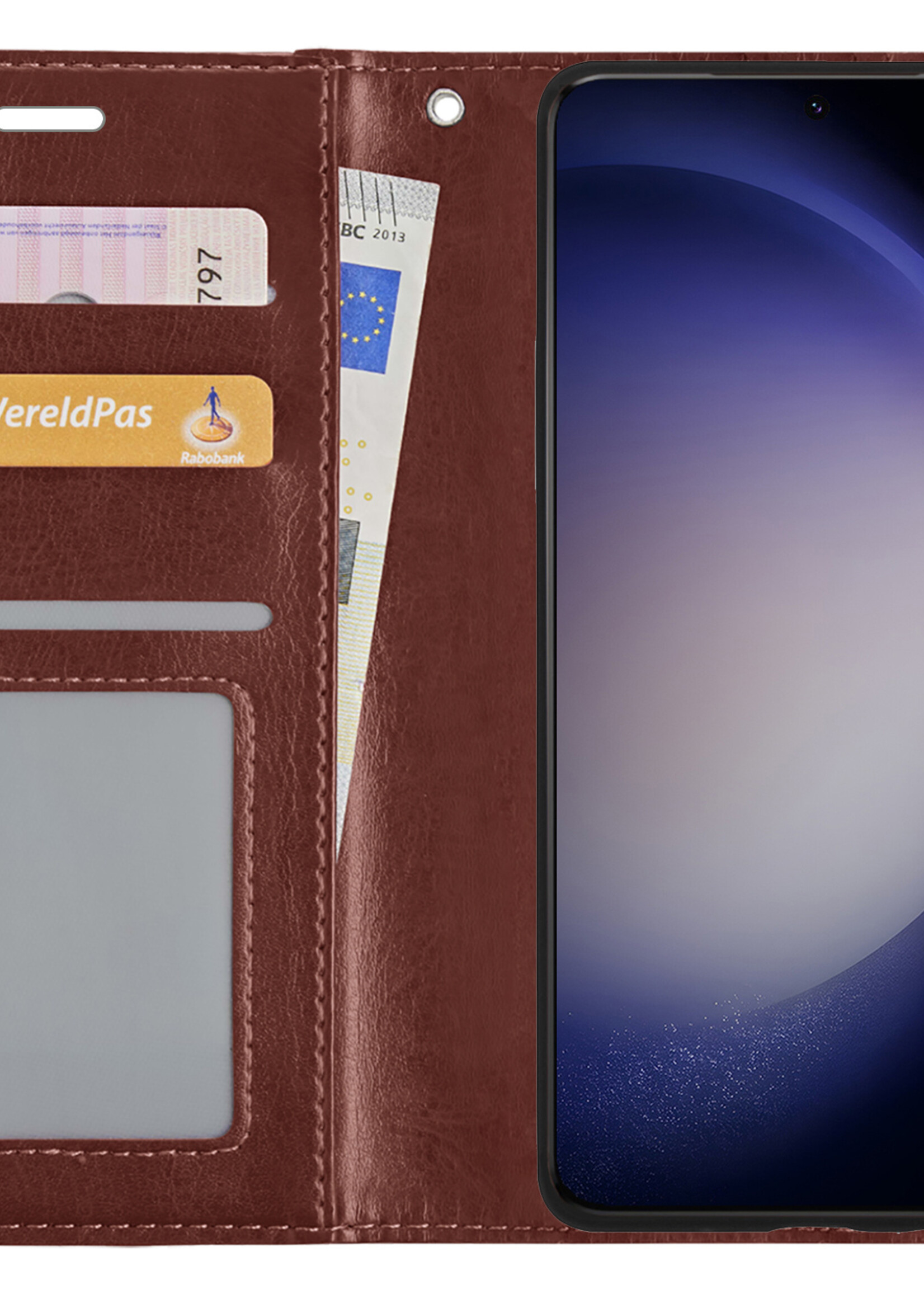 BTH Hoesje Geschikt voor Samsung S23 Hoesje Book Case Hoes Portemonnee Cover Walletcase Met 2x Screenprotector - Hoes Geschikt voor Samsung Galaxy S23 Hoes Bookcase Hoesje - Bruin