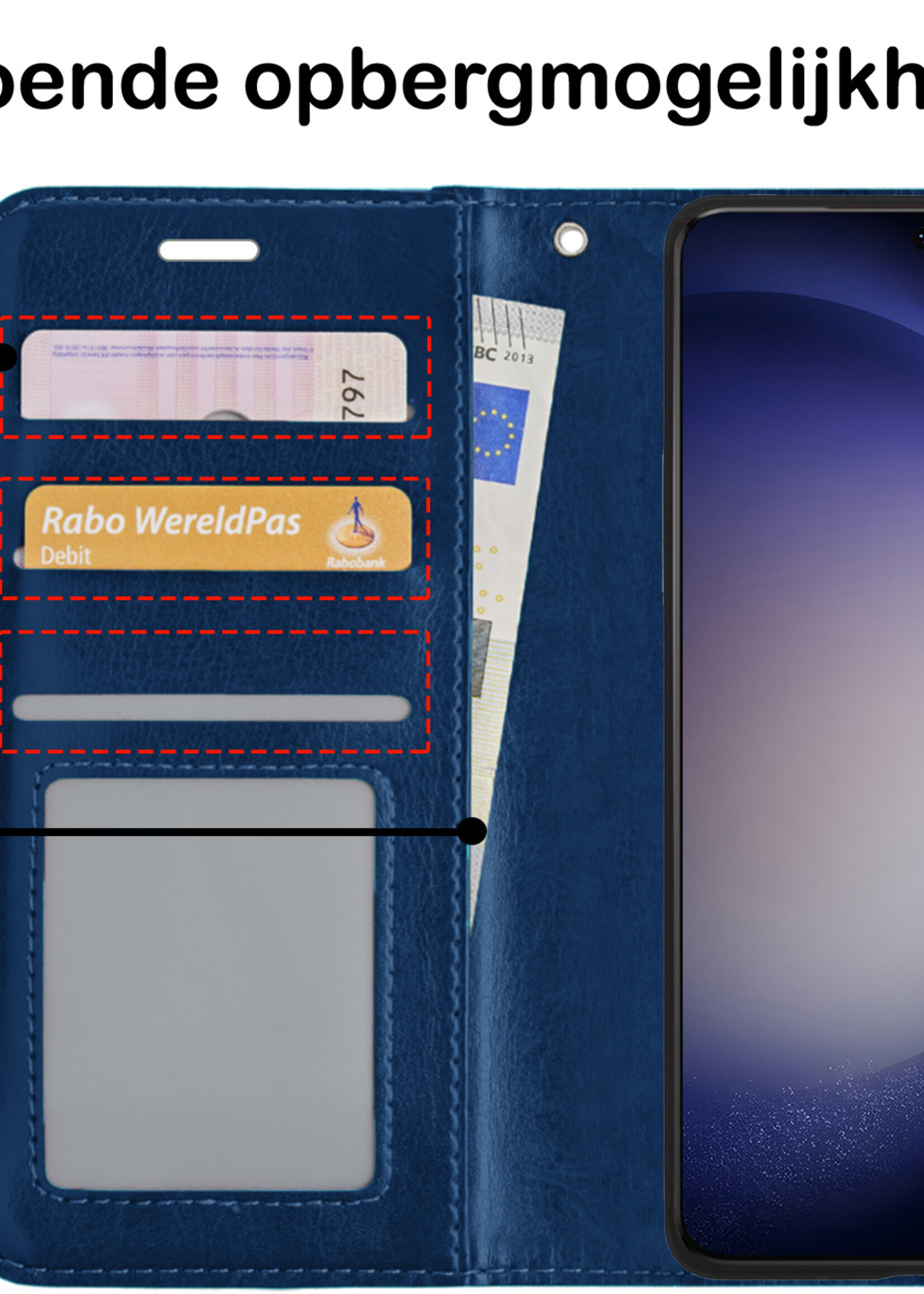 BTH Hoesje Geschikt voor Samsung S23 Hoesje Book Case Hoes Portemonnee Cover Walletcase Met 2x Screenprotector - Hoes Geschikt voor Samsung Galaxy S23 Hoes Bookcase Hoesje - Donkerblauw