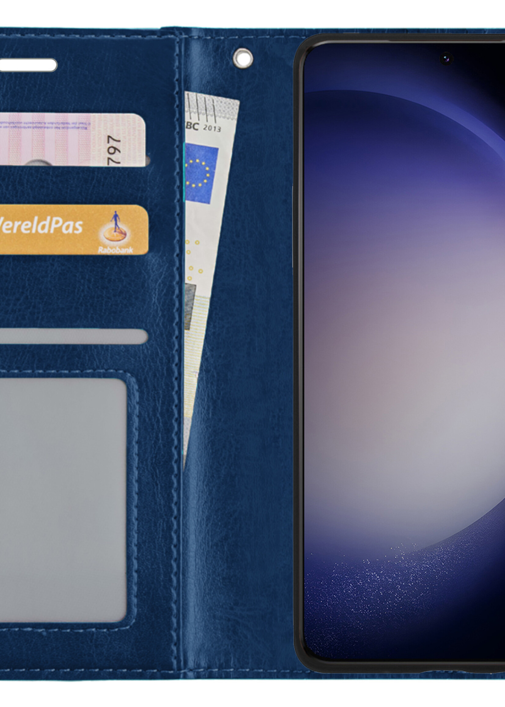 BTH Hoesje Geschikt voor Samsung S23 Hoesje Book Case Hoes Portemonnee Cover Walletcase Met 2x Screenprotector - Hoes Geschikt voor Samsung Galaxy S23 Hoes Bookcase Hoesje - Donkerblauw