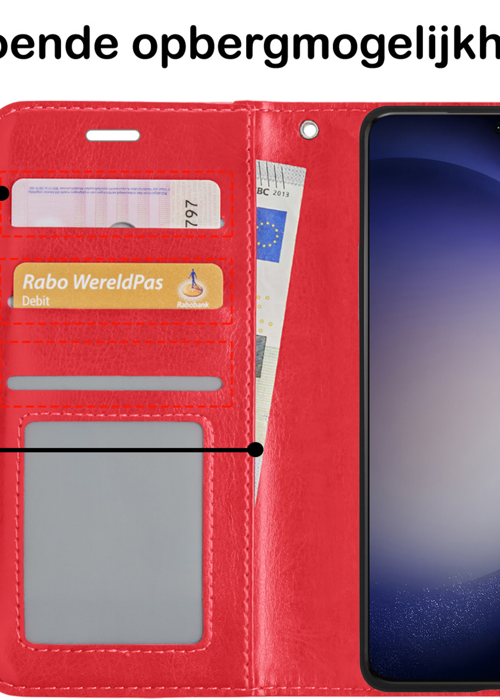 BTH Hoesje Geschikt voor Samsung S23 Hoesje Book Case Hoes Portemonnee Cover Walletcase Met 2x Screenprotector - Hoes Geschikt voor Samsung Galaxy S23 Hoes Bookcase Hoesje - Rood