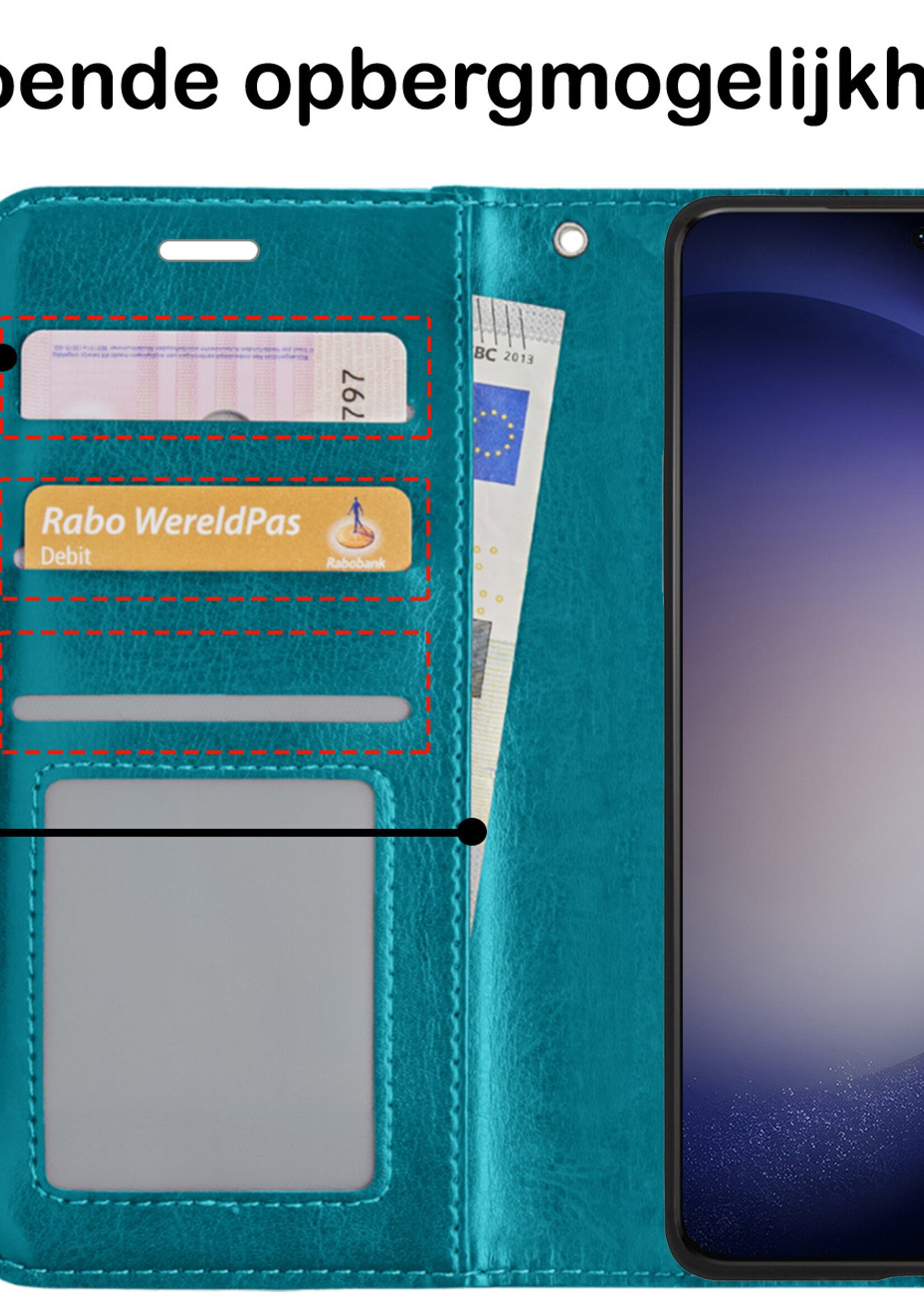 BTH Hoesje Geschikt voor Samsung S23 Hoesje Book Case Hoes Portemonnee Cover Walletcase Met 2x Screenprotector - Hoes Geschikt voor Samsung Galaxy S23 Hoes Bookcase Hoesje - Turquoise