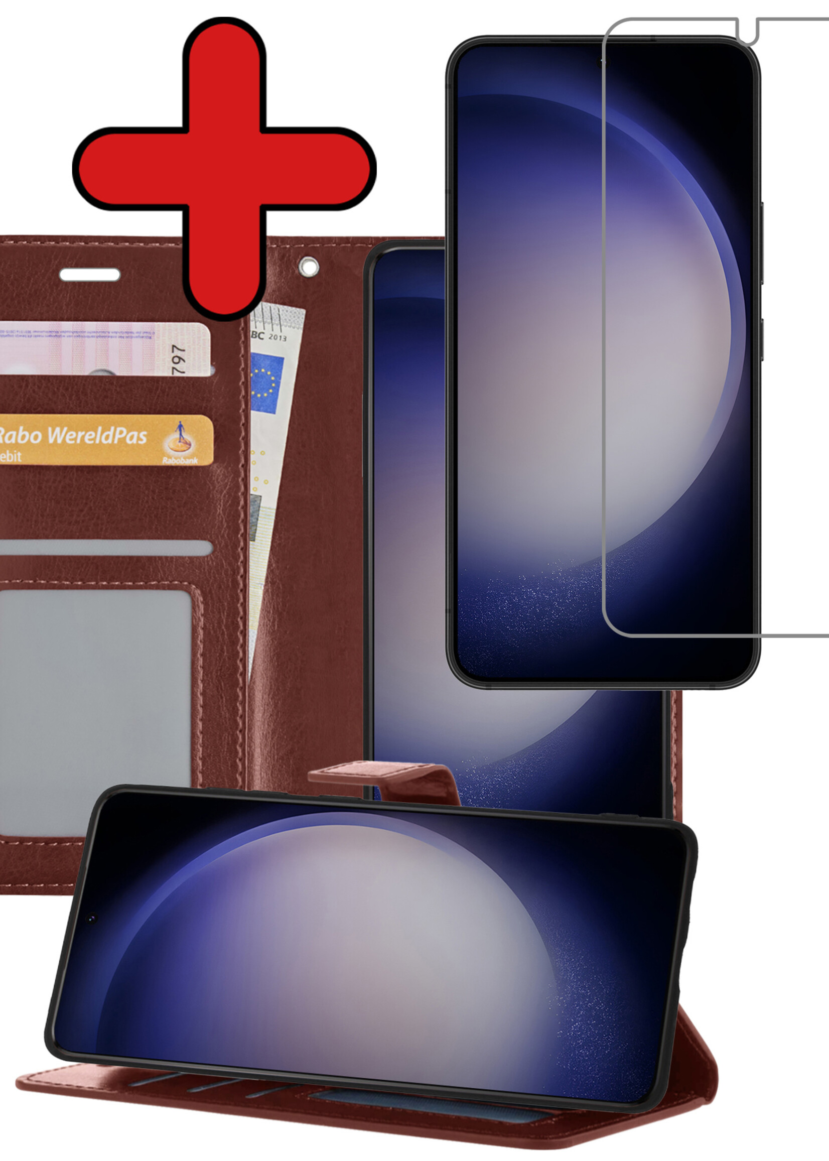BTH Hoesje Geschikt voor Samsung S23 Hoesje Book Case Hoes Portemonnee Cover Walletcase Met Screenprotector - Hoes Geschikt voor Samsung Galaxy S23 Hoes Bookcase Hoesje - Bruin