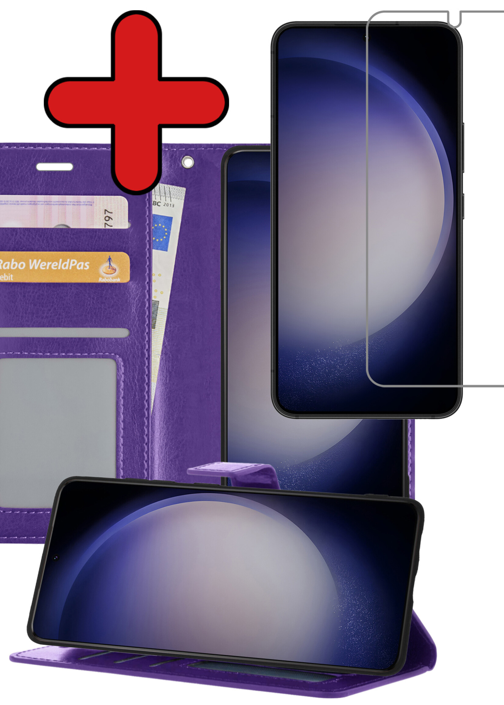 BTH Hoesje Geschikt voor Samsung S23 Hoesje Book Case Hoes Portemonnee Cover Walletcase Met Screenprotector - Hoes Geschikt voor Samsung Galaxy S23 Hoes Bookcase Hoesje - Paars
