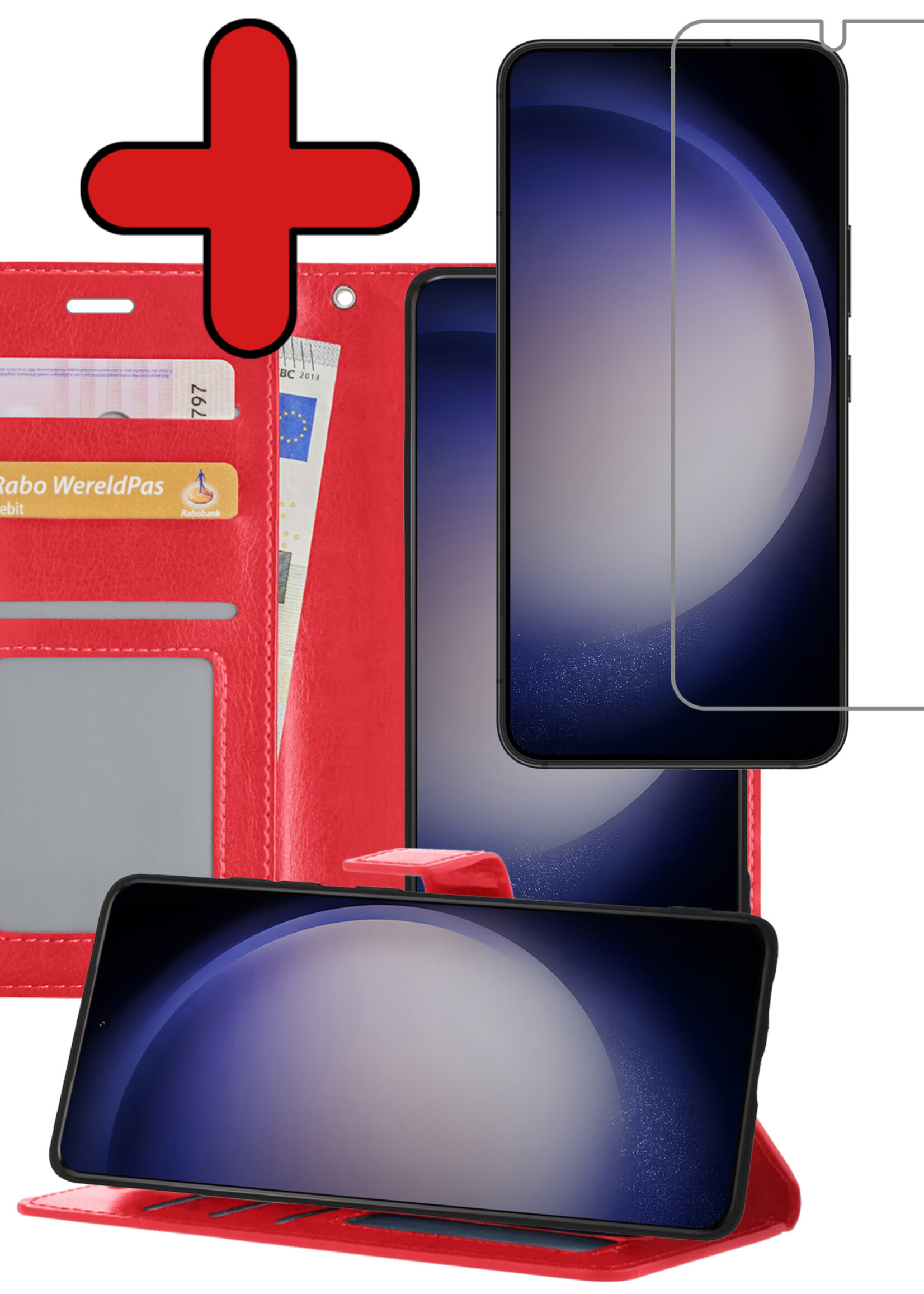 BTH Hoesje Geschikt voor Samsung S23 Hoesje Book Case Hoes Portemonnee Cover Walletcase Met Screenprotector - Hoes Geschikt voor Samsung Galaxy S23 Hoes Bookcase Hoesje - Rood