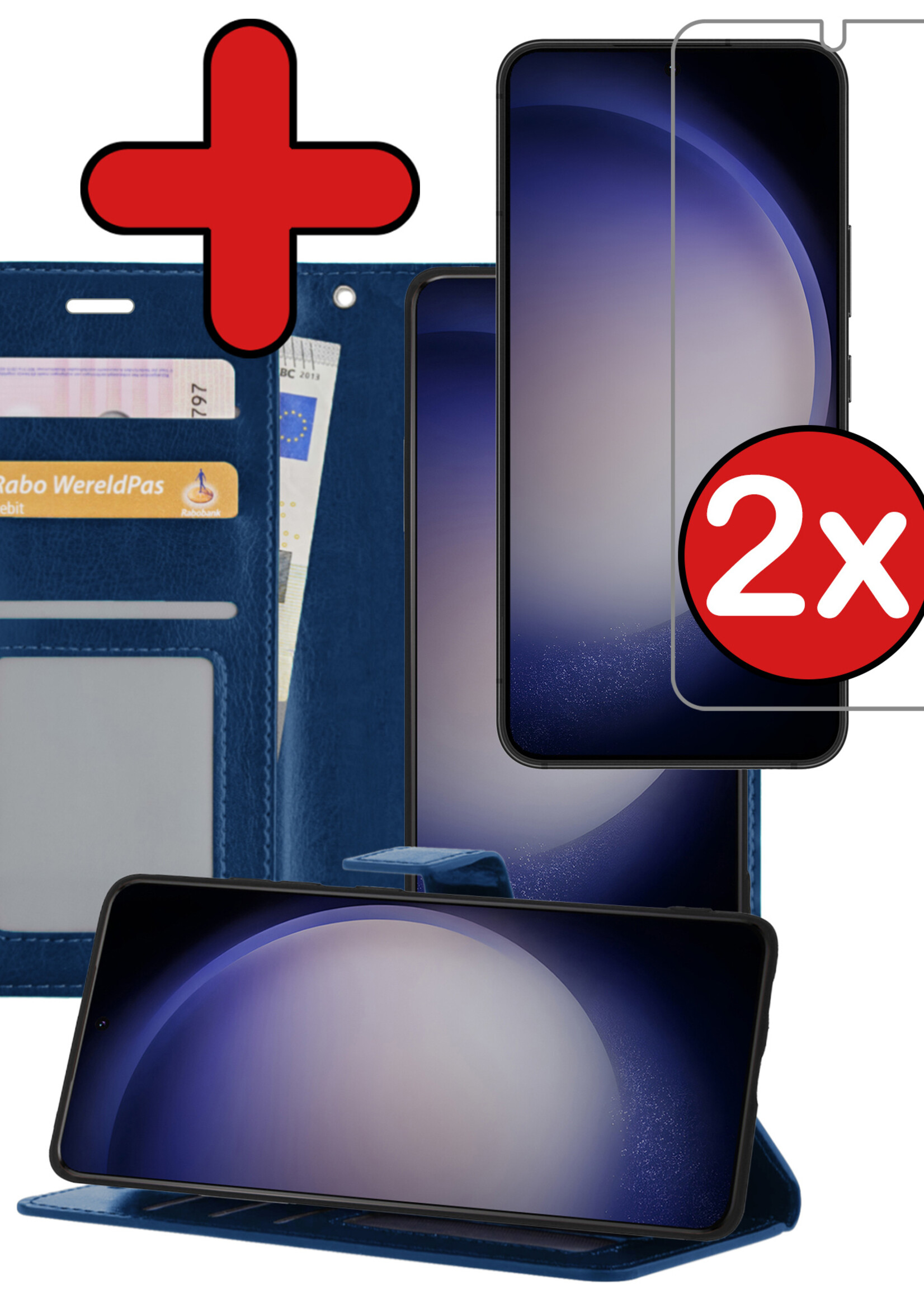 BTH Hoesje Geschikt voor Samsung S23 Hoesje Book Case Hoes Portemonnee Cover Walletcase Met 2x Screenprotector - Hoes Geschikt voor Samsung Galaxy S23 Hoes Bookcase Hoesje - Donkerblauw