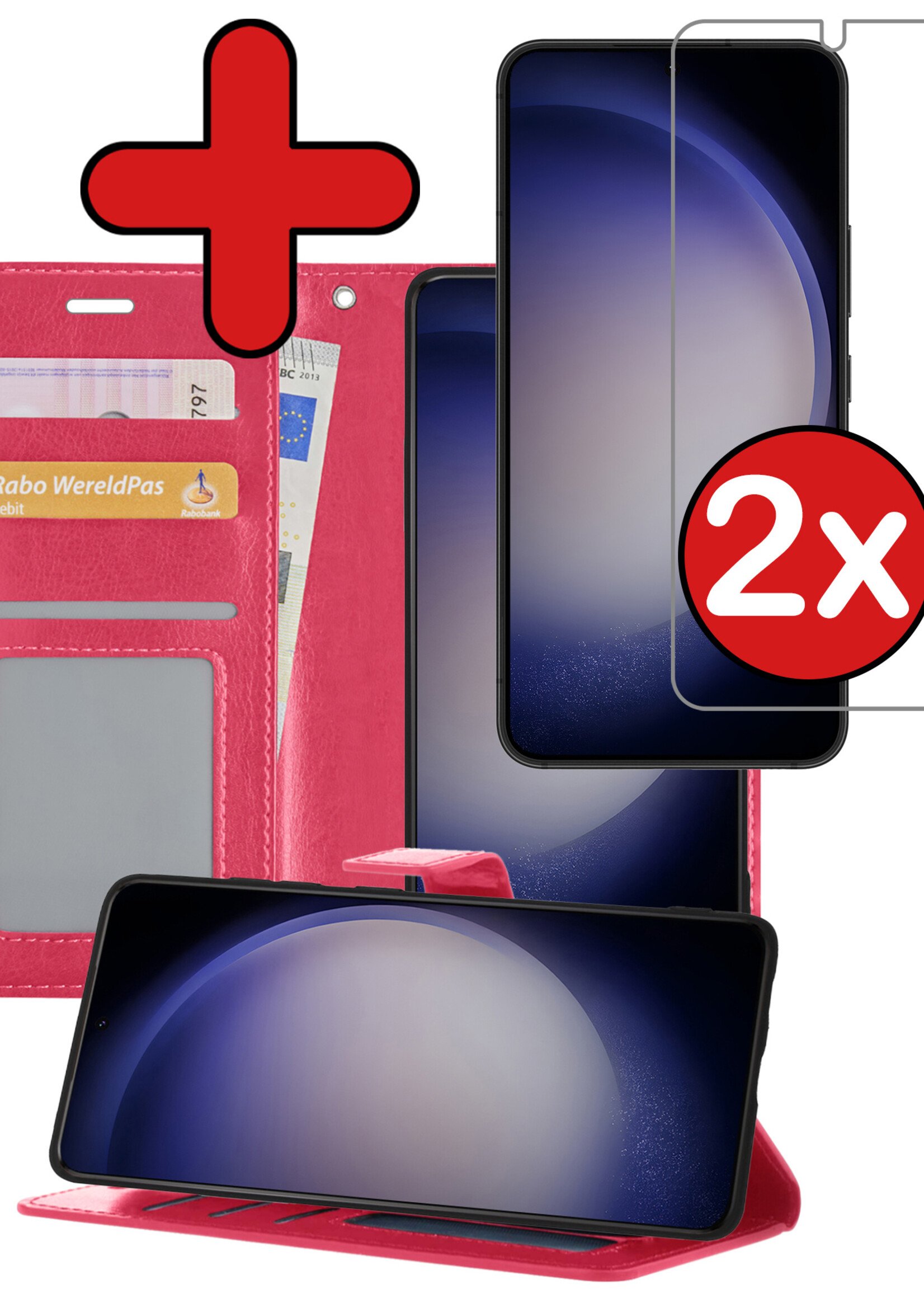 BTH Hoesje Geschikt voor Samsung S23 Hoesje Book Case Hoes Portemonnee Cover Walletcase Met 2x Screenprotector - Hoes Geschikt voor Samsung Galaxy S23 Hoes Bookcase Hoesje - Donkerroze