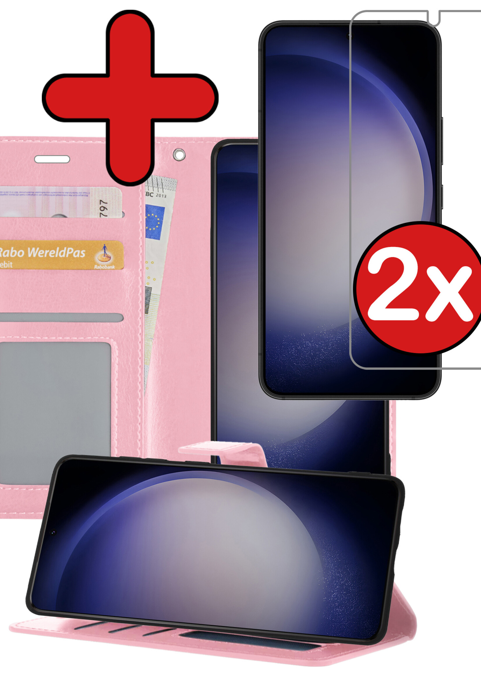 BTH Hoesje Geschikt voor Samsung S23 Hoesje Book Case Hoes Portemonnee Cover Walletcase Met 2x Screenprotector - Hoes Geschikt voor Samsung Galaxy S23 Hoes Bookcase Hoesje - Lichtroze