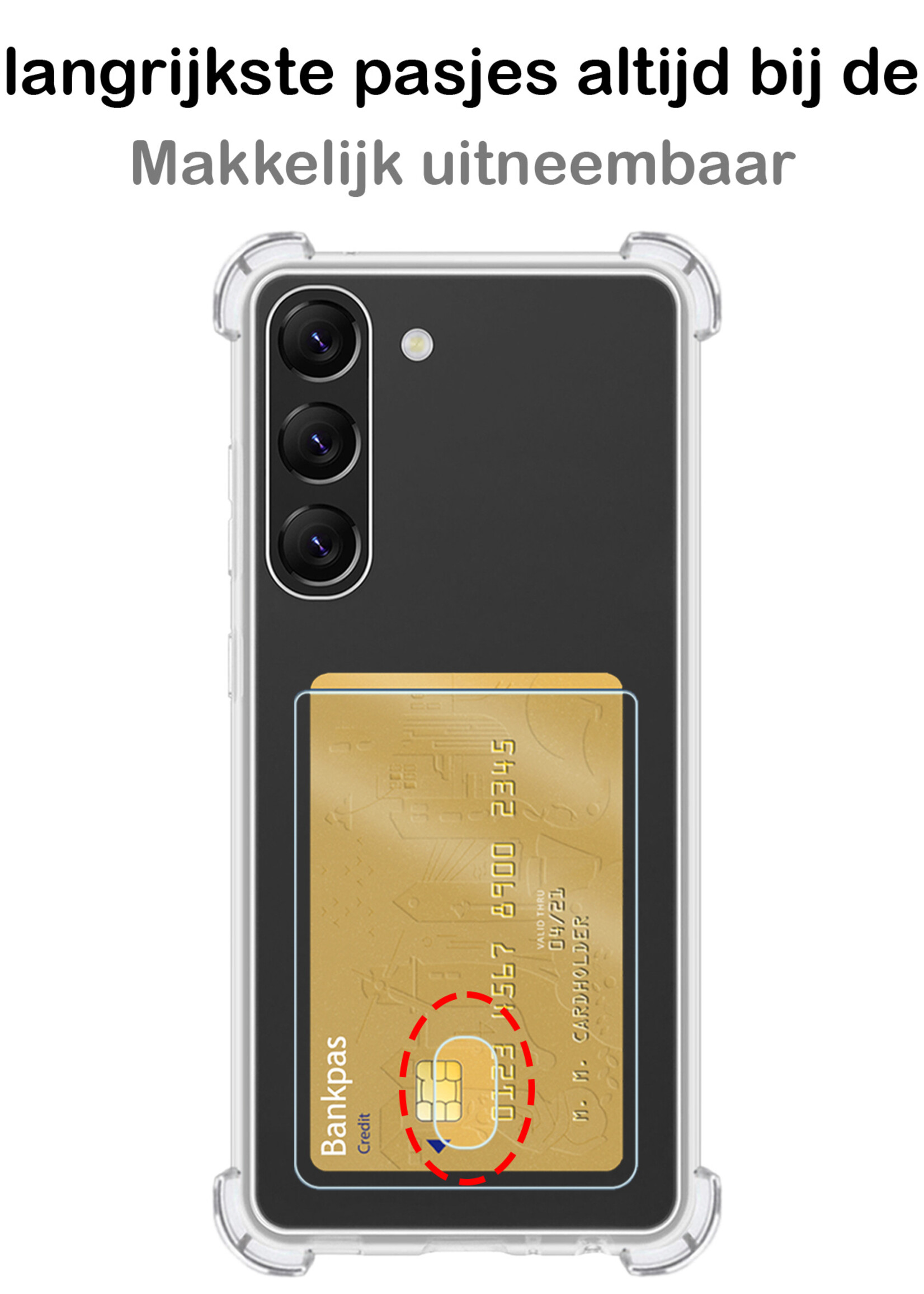 BTH Hoesje Geschikt voor Samsung S23 Plus Hoesje Met Pasjeshouder Siliconen Case Met Kaarthouder Met 2x Screenprotector - Hoes Geschikt voor Samsung Galaxy S23 Plus Hoesje Shock Proof Case - Transparant