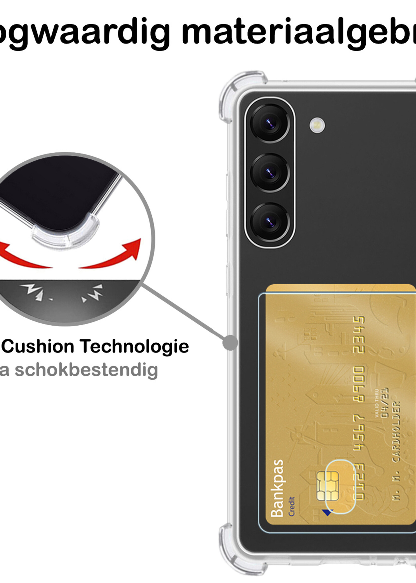 BTH Hoesje Geschikt voor Samsung S23 Plus Hoesje Met Pasjeshouder Siliconen Case Met Kaarthouder Met 2x Screenprotector - Hoes Geschikt voor Samsung Galaxy S23 Plus Hoesje Shock Proof Case - Transparant