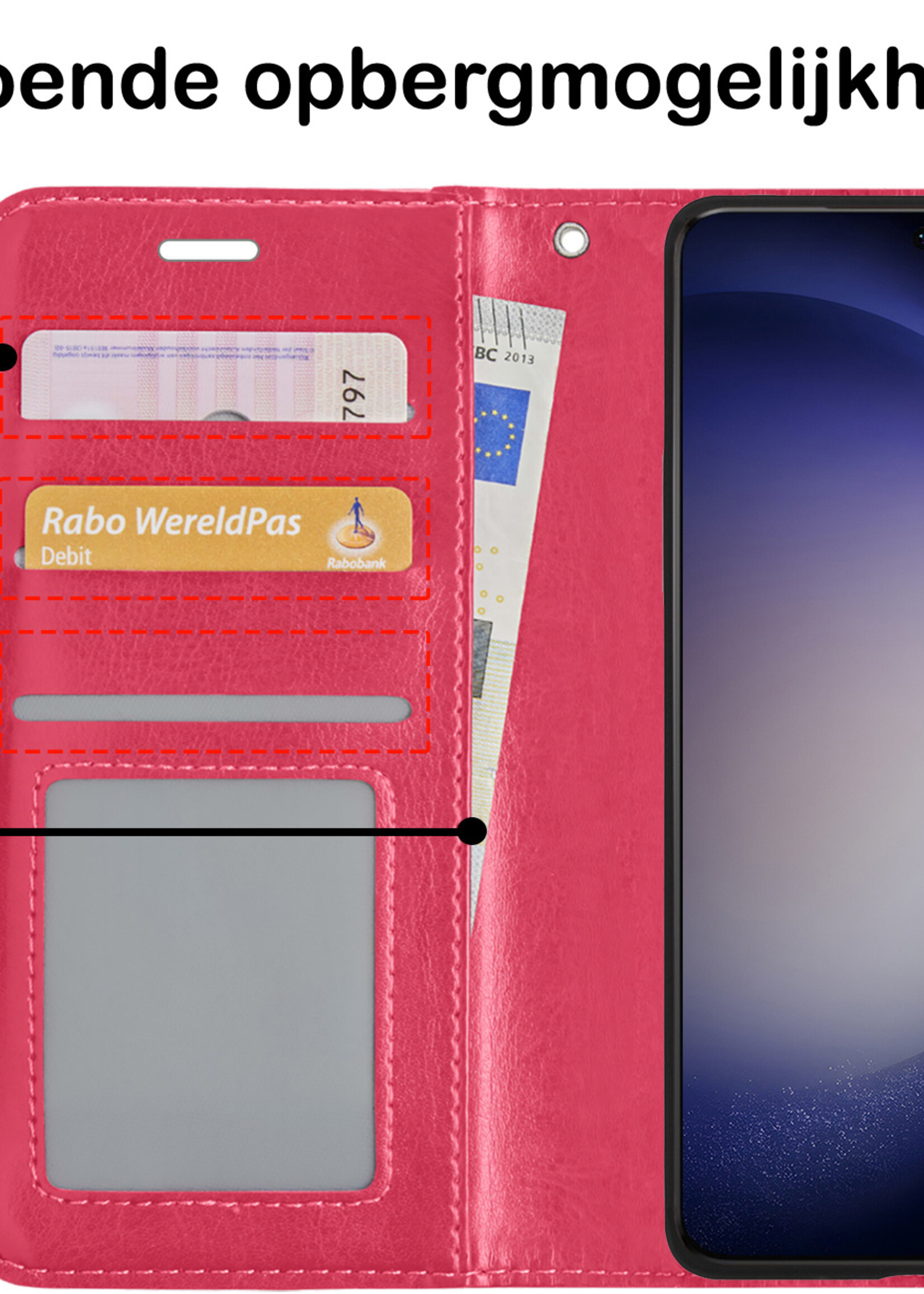 BTH Hoesje Geschikt voor Samsung S23 Plus Hoesje Book Case Hoes Portemonnee Cover Walletcase Met Screenprotector - Hoes Geschikt voor Samsung Galaxy S23 Plus Hoes Bookcase Hoesje - Donkerroze