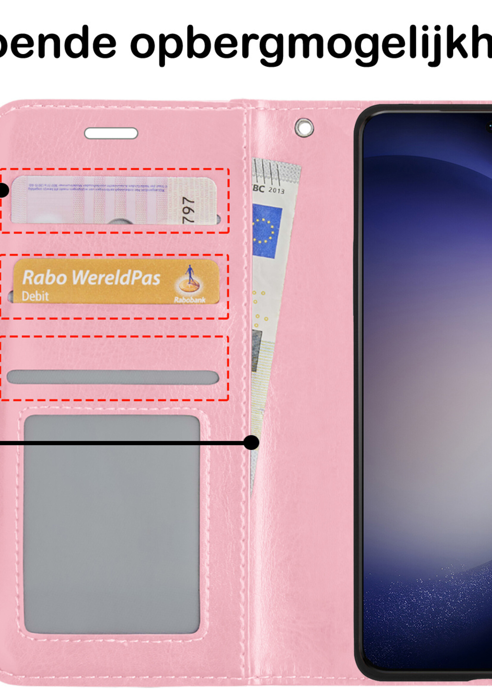 BTH Hoesje Geschikt voor Samsung S23 Plus Hoesje Book Case Hoes Portemonnee Cover Walletcase Met 2x Screenprotector - Hoes Geschikt voor Samsung Galaxy S23 Plus Hoes Bookcase Hoesje - Lichtroze