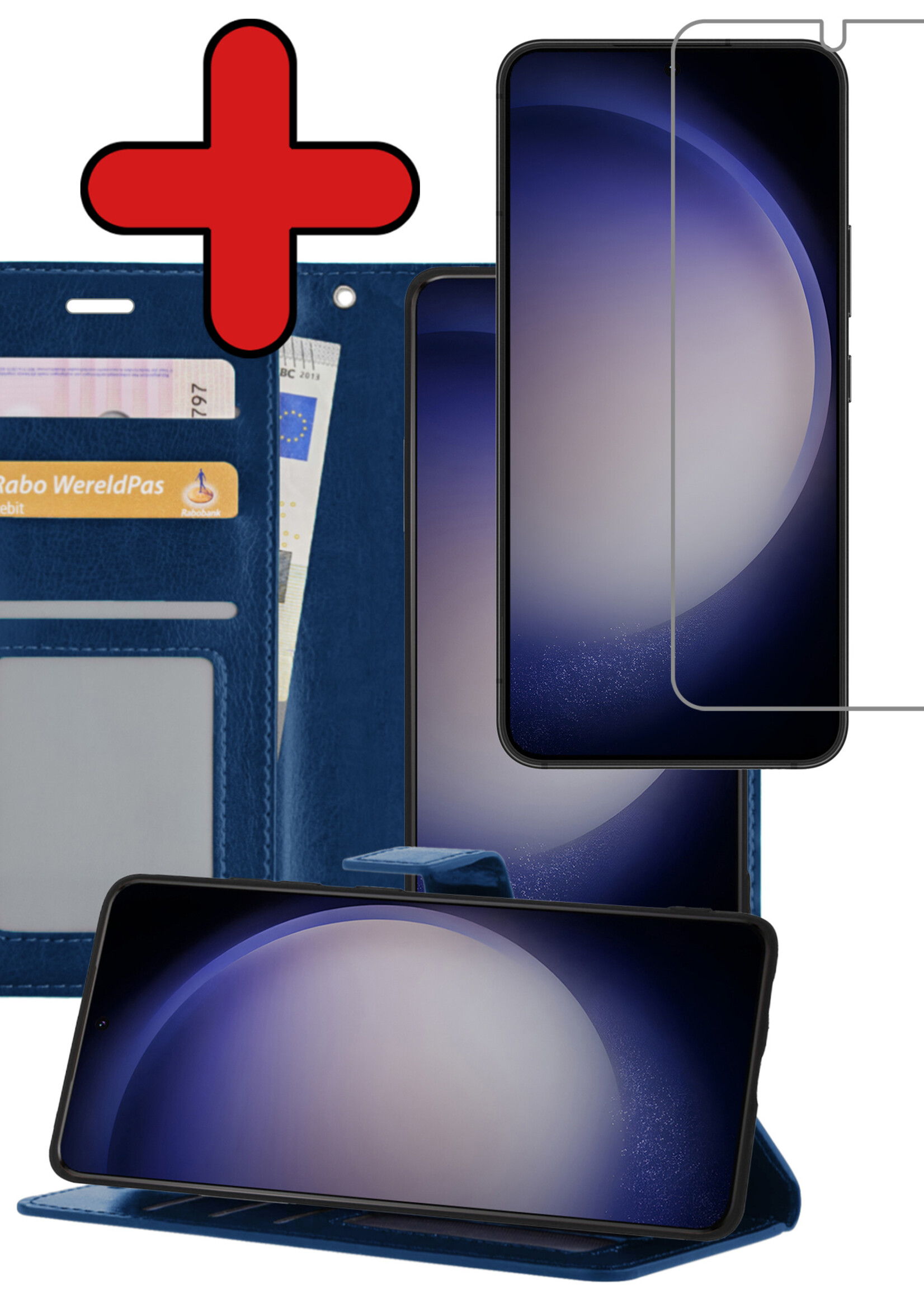 BTH Hoesje Geschikt voor Samsung S23 Plus Hoesje Book Case Hoes Portemonnee Cover Walletcase Met Screenprotector - Hoes Geschikt voor Samsung Galaxy S23 Plus Hoes Bookcase Hoesje - Donkerblauw