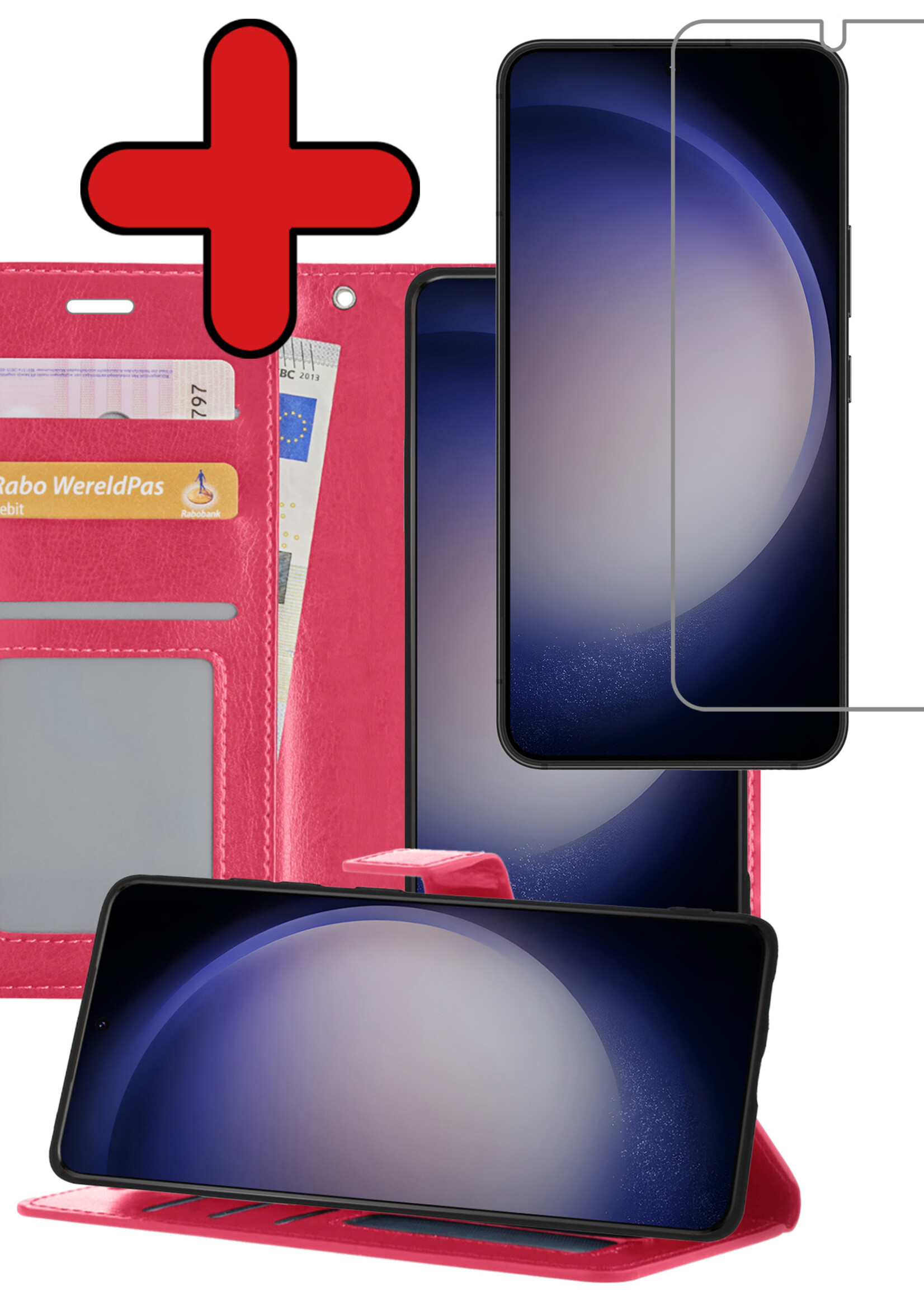 BTH Hoesje Geschikt voor Samsung S23 Plus Hoesje Book Case Hoes Portemonnee Cover Walletcase Met Screenprotector - Hoes Geschikt voor Samsung Galaxy S23 Plus Hoes Bookcase Hoesje - Donkerroze