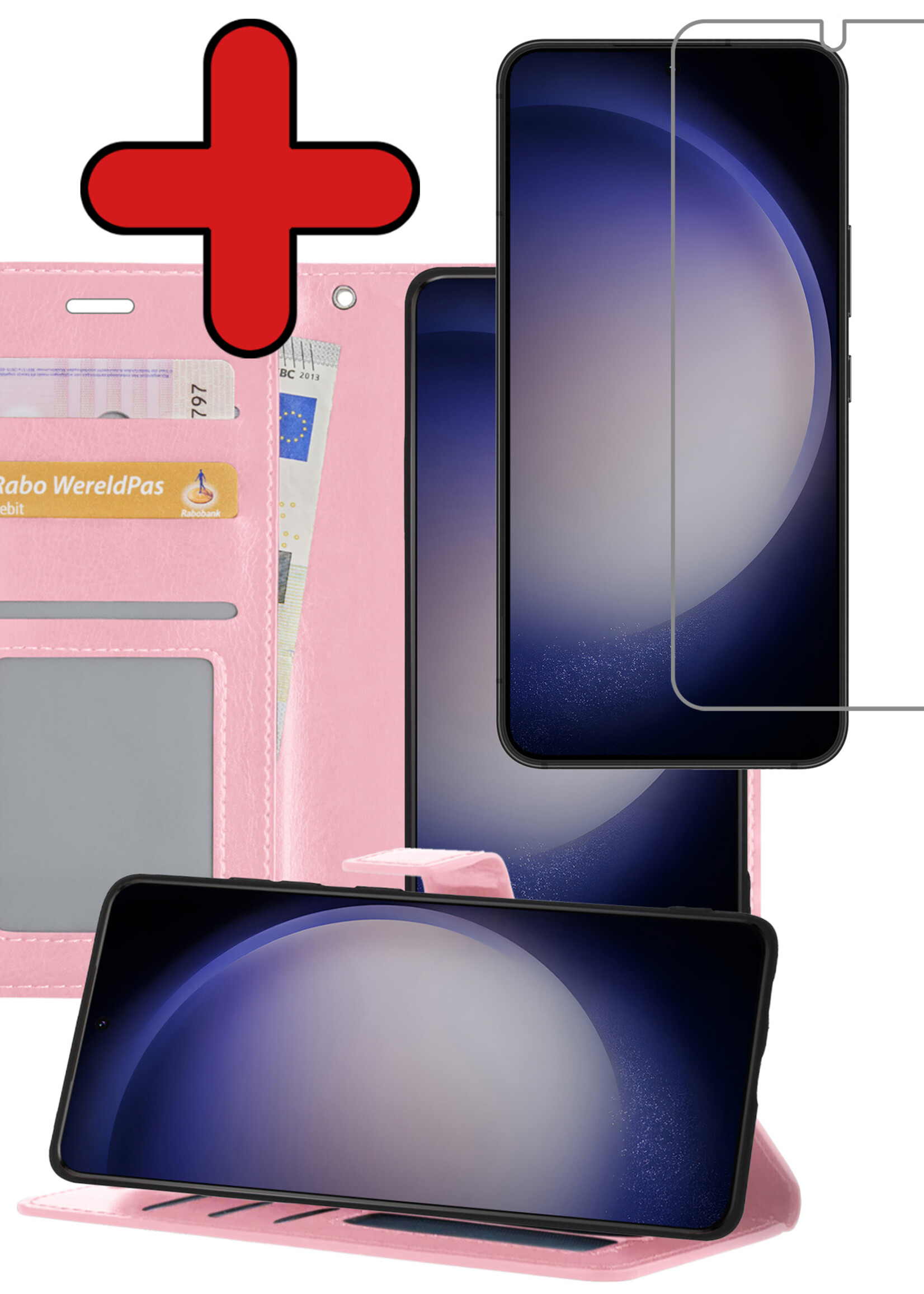 BTH Hoesje Geschikt voor Samsung S23 Plus Hoesje Book Case Hoes Portemonnee Cover Walletcase Met Screenprotector - Hoes Geschikt voor Samsung Galaxy S23 Plus Hoes Bookcase Hoesje - Lichtroze