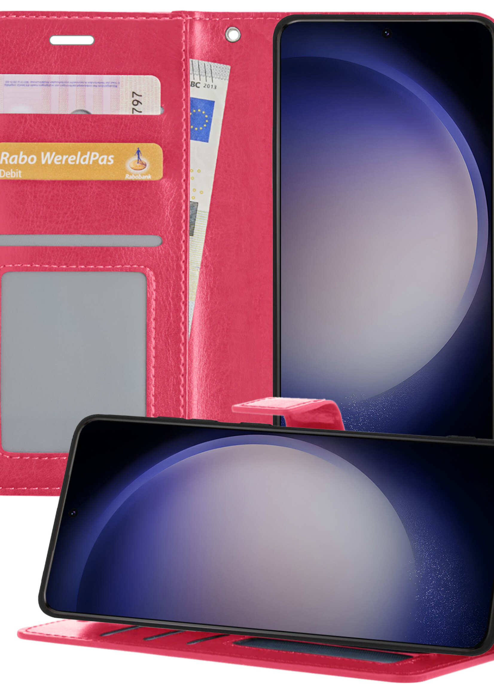 BTH Samsung S23 Ultra Hoesje Book Case Hoes Portemonnee Cover Walletcase - Samsung Galaxy S23 Ultra Hoes Bookcase Hoesje - Donkerroze