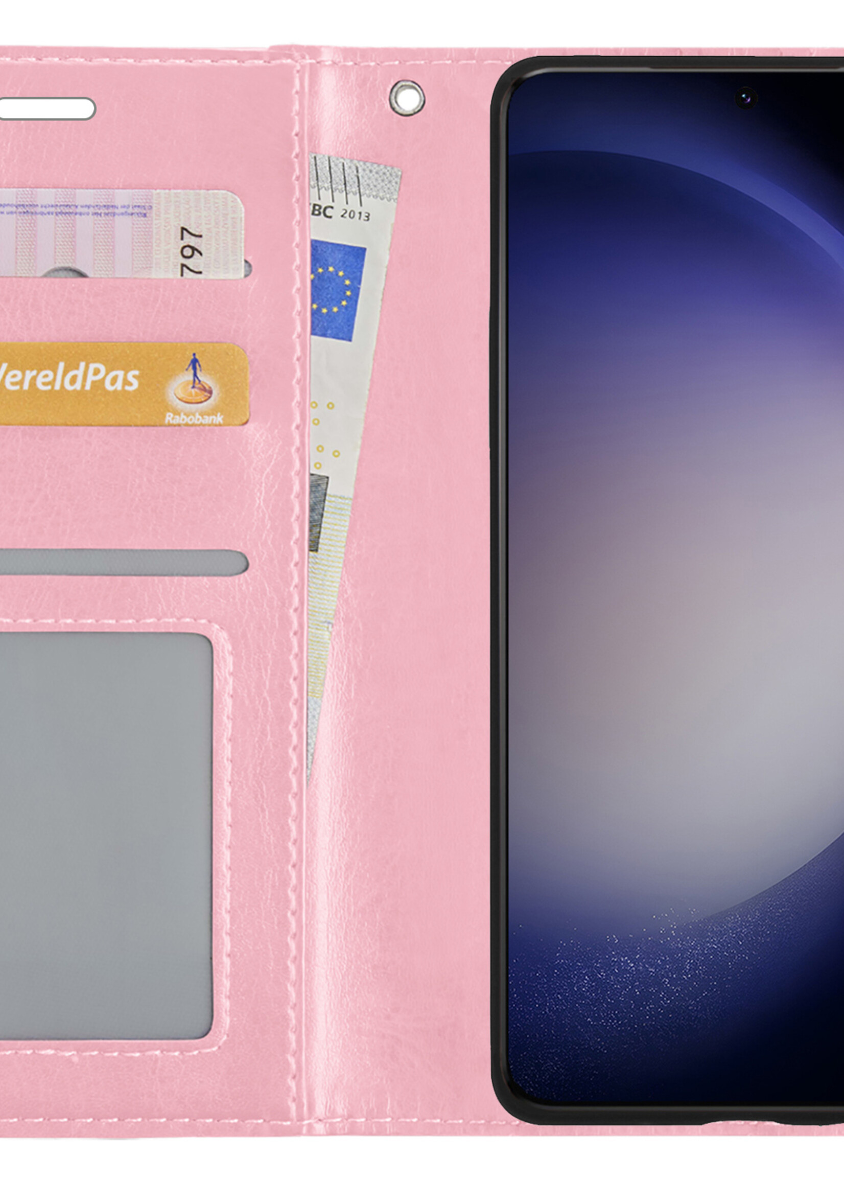 BTH Hoesje Geschikt voor Samsung S23 Ultra Hoesje Book Case Hoes Portemonnee Cover Walletcase Met Screenprotector - Hoes Geschikt voor Samsung Galaxy S23 Ultra Hoes Bookcase Hoesje - Lichtroze