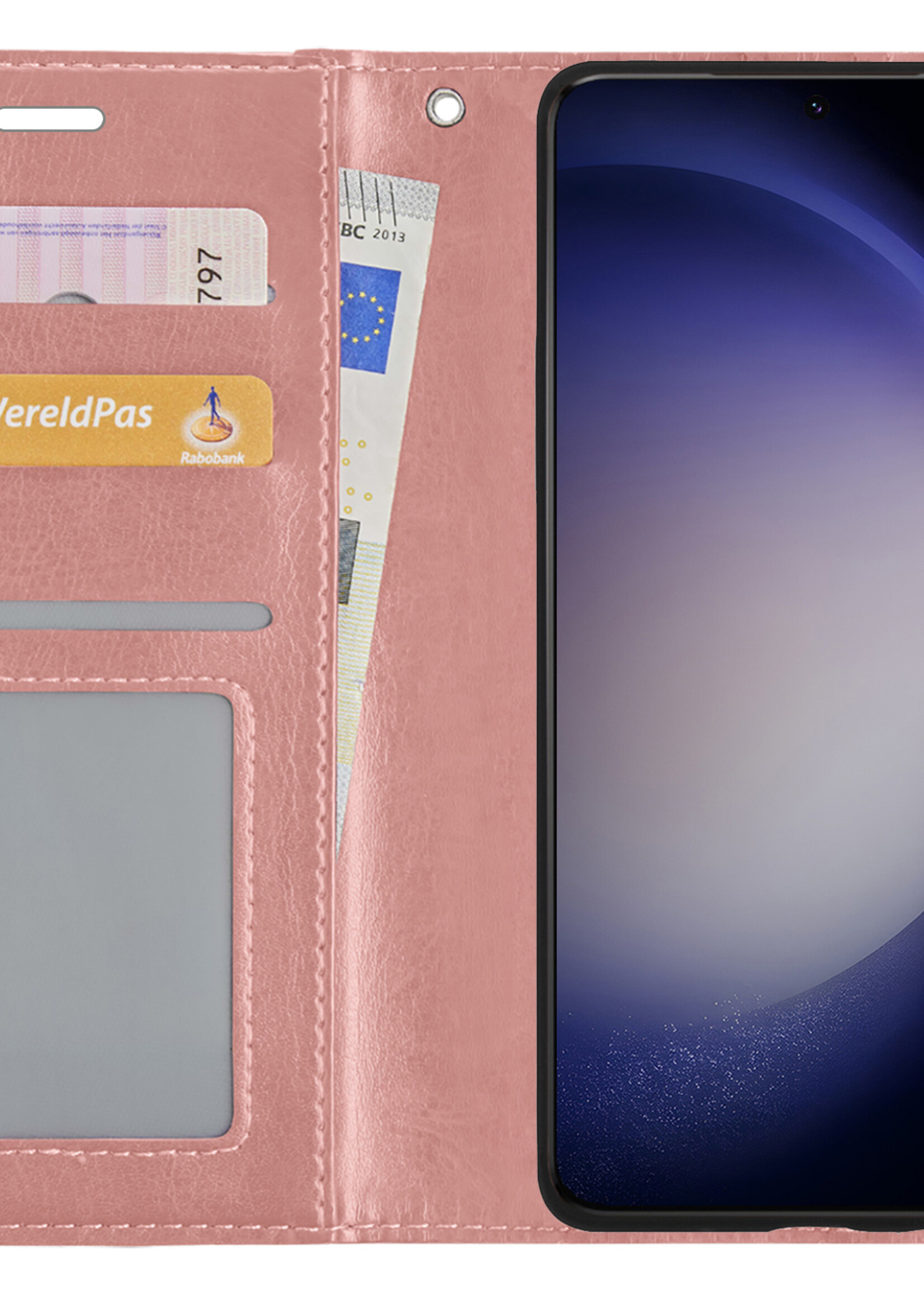 BTH Hoesje Geschikt voor Samsung S23 Ultra Hoesje Book Case Hoes Portemonnee Cover Walletcase Met Screenprotector - Hoes Geschikt voor Samsung Galaxy S23 Ultra Hoes Bookcase Hoesje - Rosé goud
