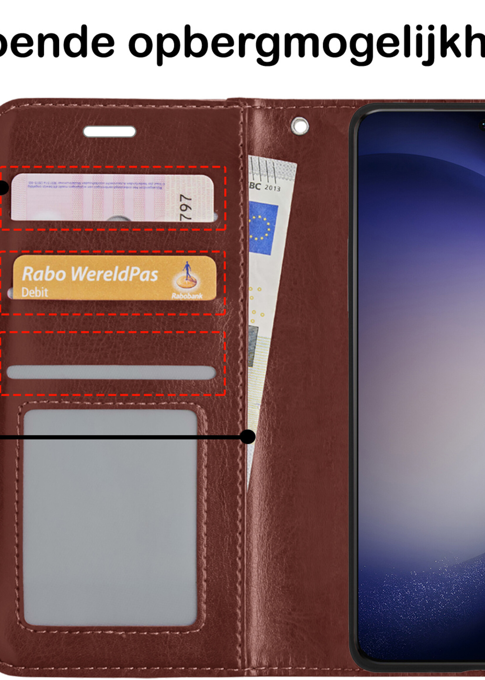 BTH Hoesje Geschikt voor Samsung S23 Ultra Hoesje Book Case Hoes Portemonnee Cover Walletcase Met 2x Screenprotector - Hoes Geschikt voor Samsung Galaxy S23 Ultra Hoes Bookcase Hoesje - Bruin