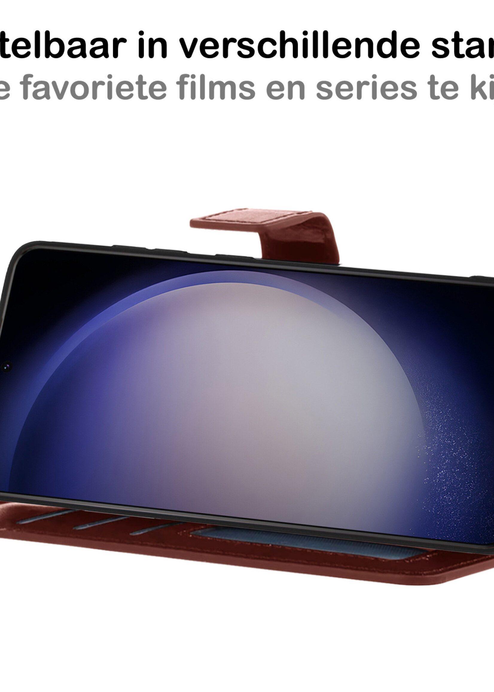 BTH Hoesje Geschikt voor Samsung S23 Ultra Hoesje Book Case Hoes Portemonnee Cover Walletcase Met 2x Screenprotector - Hoes Geschikt voor Samsung Galaxy S23 Ultra Hoes Bookcase Hoesje - Bruin